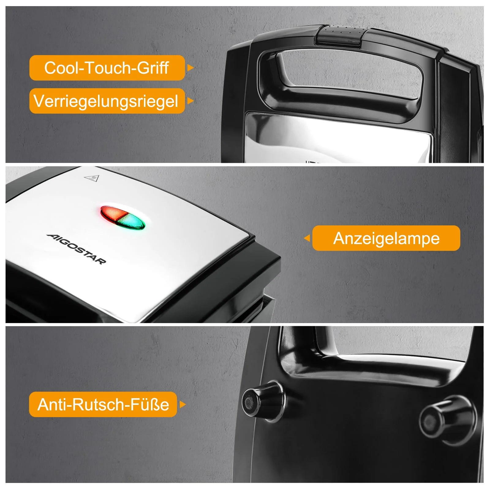 Aigostar Sandwichmaker für Dreieckige Sandwichtoasts, 800 W mit Antihaftbeschichtung, Doppelseitiges Backen bei Konstanter Temperatur, Vertikale Lagerung, Rutschfeste Füße, BPA-frei - Image 7