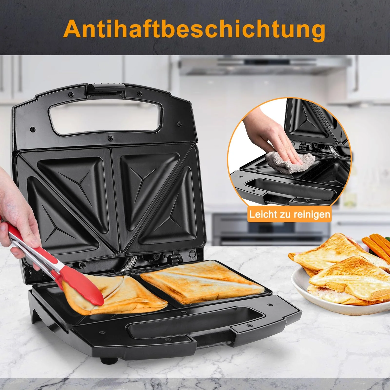 Aigostar Sandwichmaker für Dreieckige Sandwichtoasts, 800 W mit Antihaftbeschichtung, Doppelseitiges Backen bei Konstanter Temperatur, Vertikale Lagerung, Rutschfeste Füße, BPA-frei - Image 8