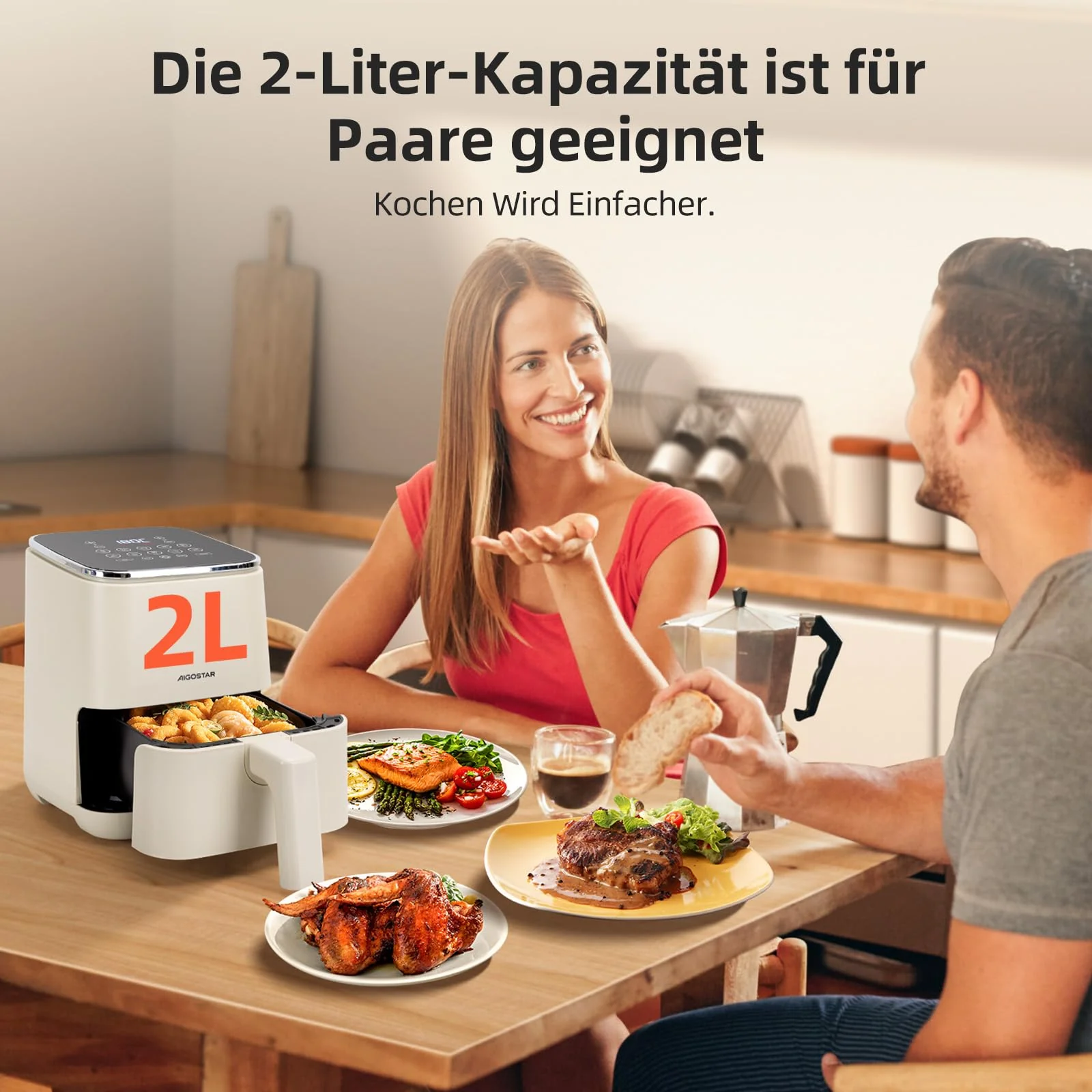 Aigostar White Dot Heißluftfritteuse 2L, Airfryer mit 8 Programmen und LED-Touchscreen, Einstellbare Zeit und Temperatur, Herausnehmbarer Antihaft-Rost, leicht zu Reinigen, BPA-frei, 1200W - Image 4