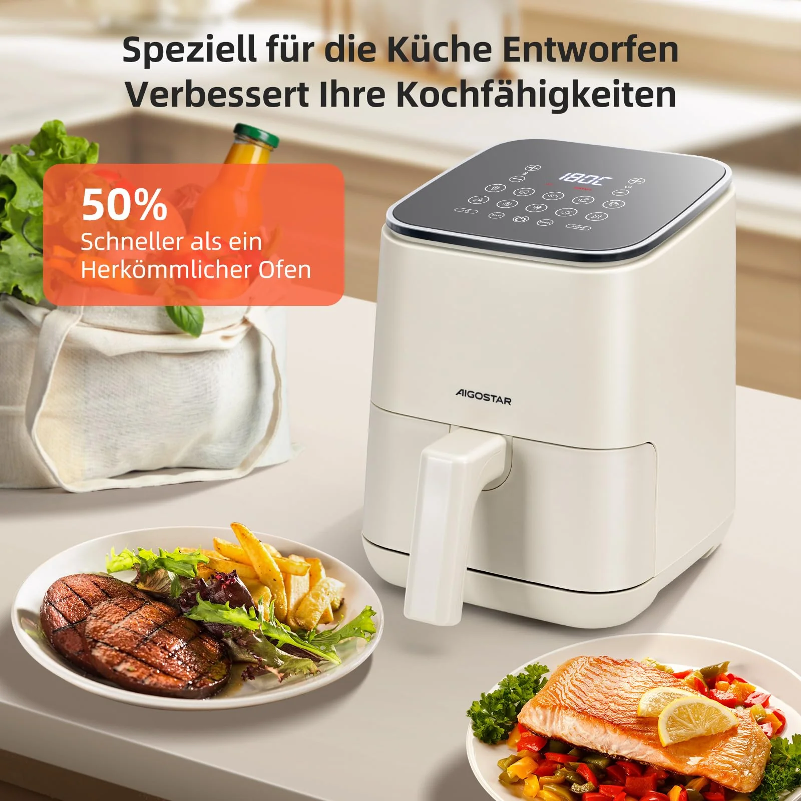 Aigostar White Dot Heißluftfritteuse 2L, Airfryer mit 8 Programmen und LED-Touchscreen, Einstellbare Zeit und Temperatur, Herausnehmbarer Antihaft-Rost, leicht zu Reinigen, BPA-frei, 1200W - Image 7
