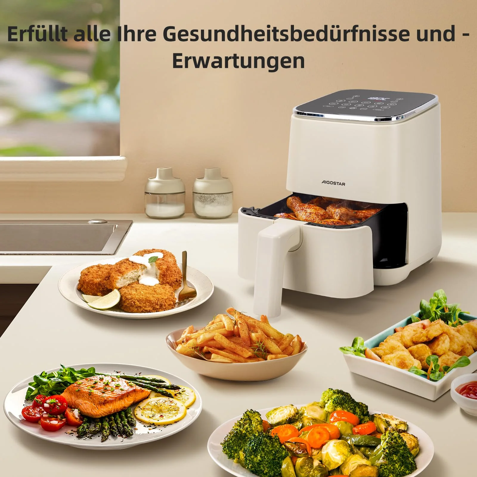 Aigostar White Dot Heißluftfritteuse 2L, Airfryer mit 8 Programmen und LED-Touchscreen, Einstellbare Zeit und Temperatur, Herausnehmbarer Antihaft-Rost, leicht zu Reinigen, BPA-frei, 1200W - Image 8