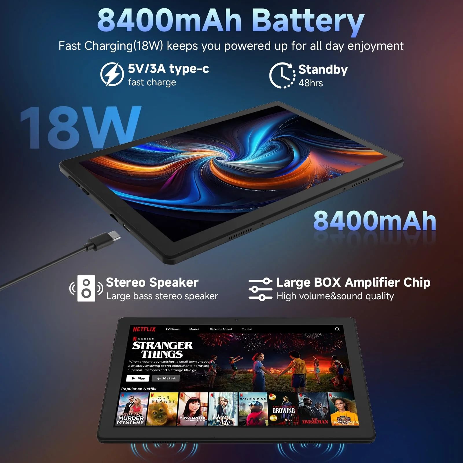 Ainmel Tablet 11,5 Zoll Android 15, 30GB RAM 1TB TF, 2K Android Tablet 2000 * 1200 FHD, 8400mAh, Widevine L1, 13MP Kamera, WiFi 6&BT 5.3, Face ID Tablet PC für Arbeit/Studium - Schwarz - Image 5