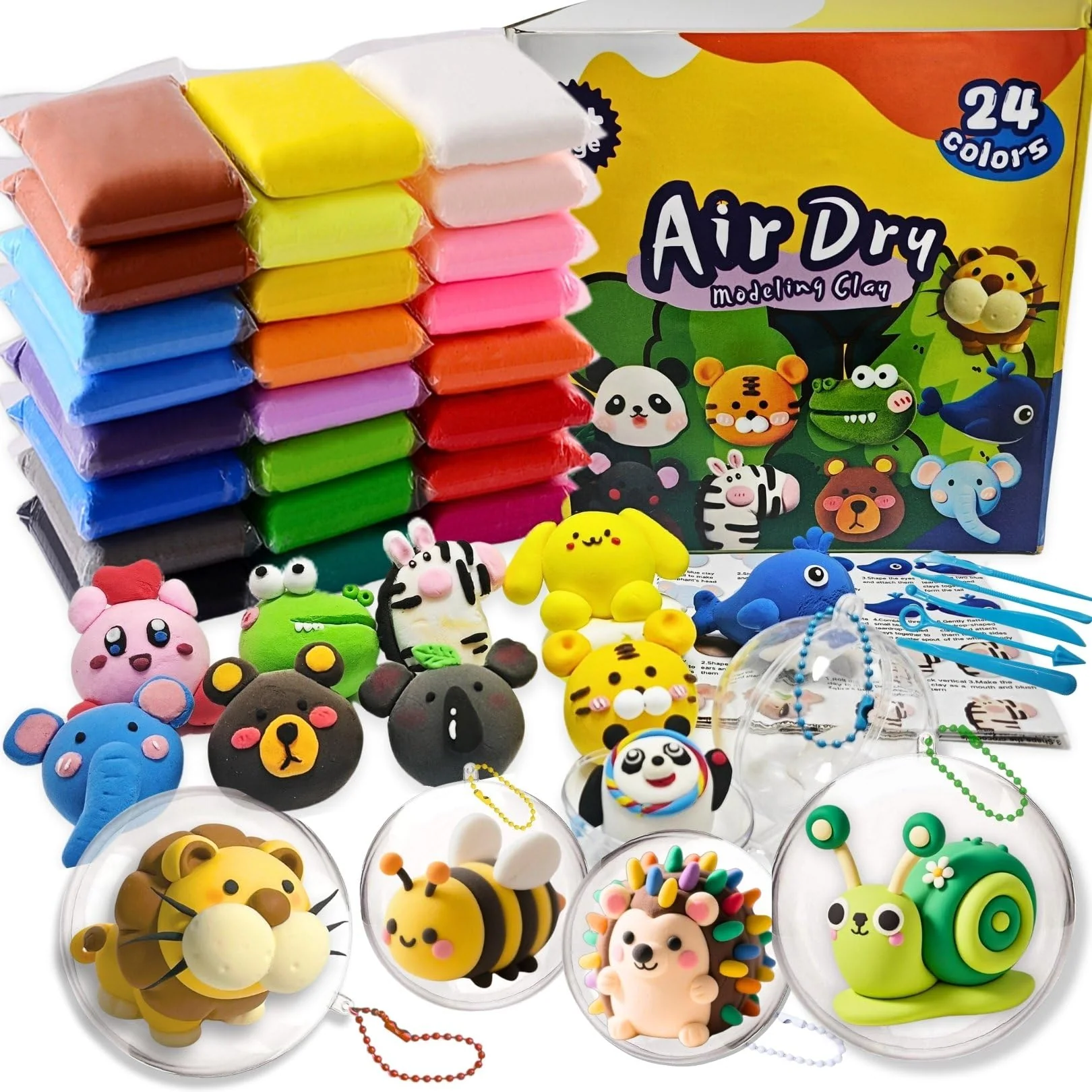 Air Dry Clay Set,24 Farben Modelliermasse Lufttrocknend mit 5 Knete Zubehör,4 Plastikkugeln zum Befüllen,Kugelketten und Tutorials,kinderknete Set,Kunsthandwerk Geschenk für kinder,Foam Clay