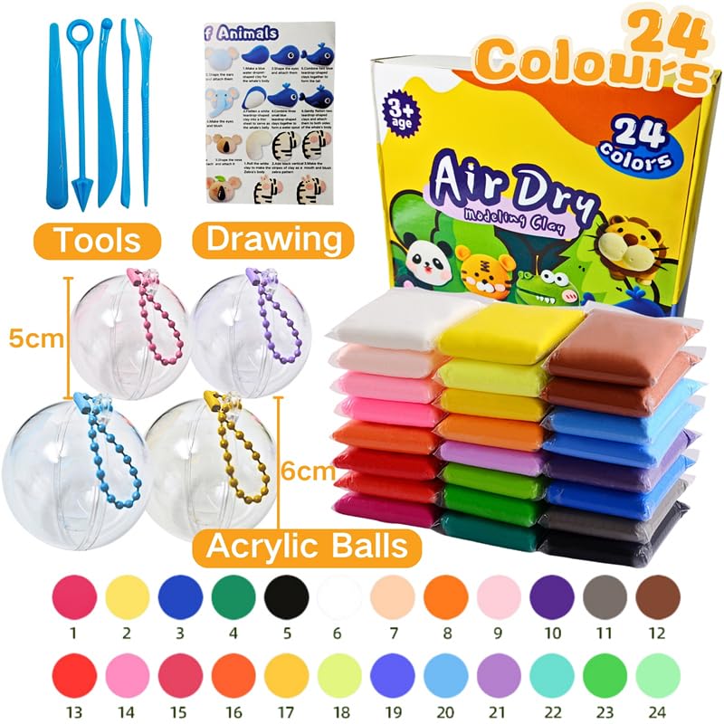 Air Dry Clay Set,24 Farben Modelliermasse Lufttrocknend mit 5 Knete Zubehör,4 Plastikkugeln zum Befüllen,Kugelketten und Tutorials,kinderknete Set,Kunsthandwerk Geschenk für kinder,Foam Clay - Image 6