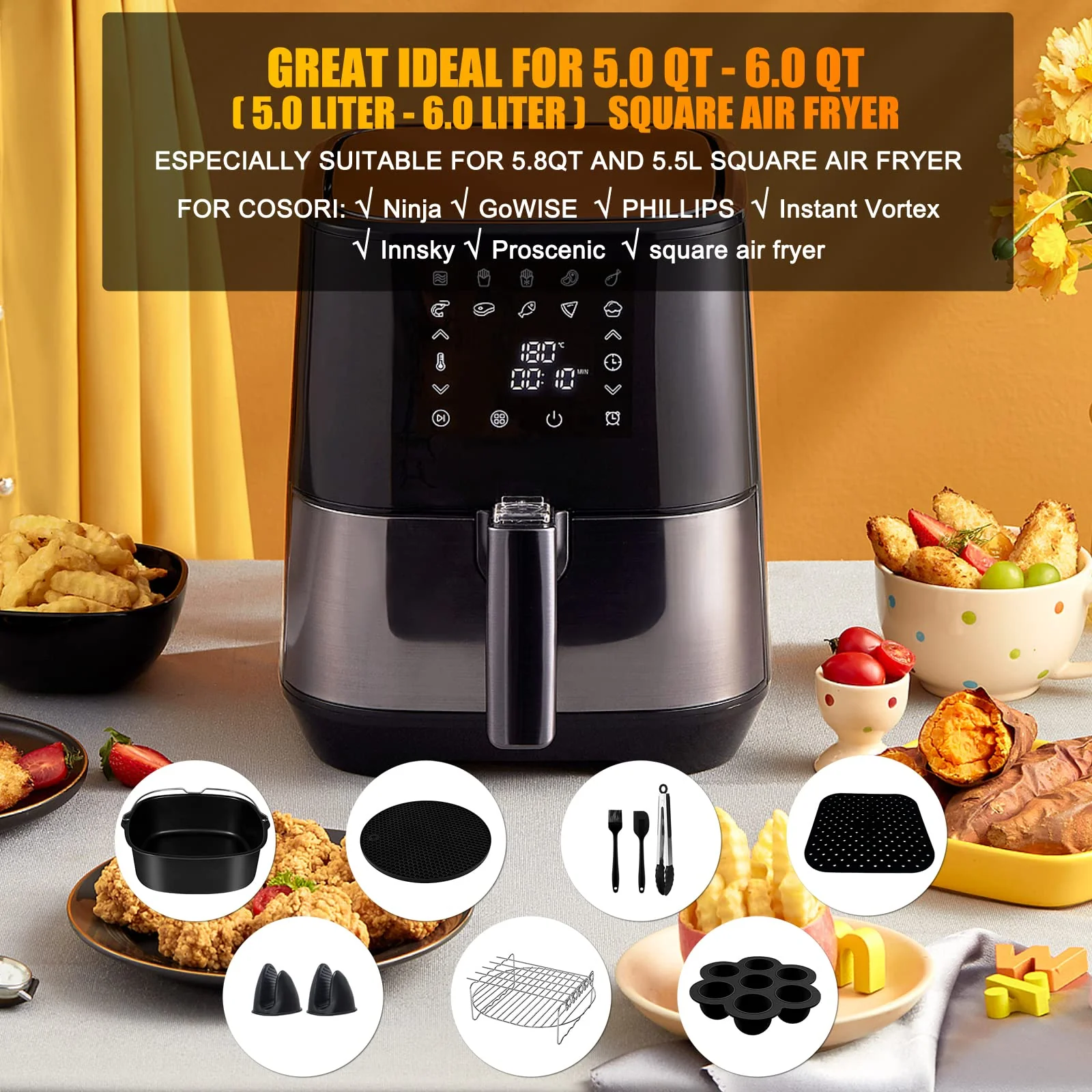 Airfryer xxl zubehör quadrat heißluftfritteuse,12er-Pack, heissluft fritteuse zubehör passt für COSORI PHILIPS INNSKY KLAMER PRINCESS NINJIA TEFAL 5,5L 6,2L air fryer, Schwarz - Image 4