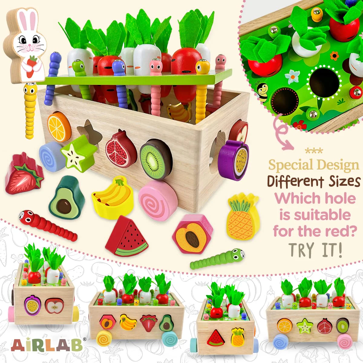 Airlab Montessori Spielzeug ab 1 2 3 Jahren, Holzspielzeug für Kinder, 7-in-1 Karottenernte Motorikspielzeug Farmspiel aus Holz, Kinderspielzeug Lernspielzeug Geschenk für Mädchen Jungen - Image 6