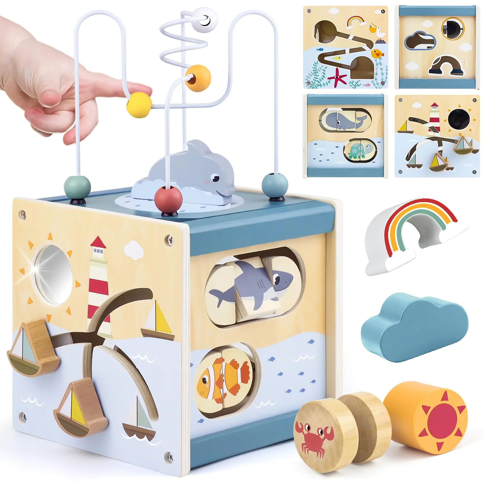 Airlab Motorikwürfel ab 1 Jahr, Motorikspielzeug Baby Activity Würfel, Montessori Spielwürfel für Kinder, 6 in 1 Aktivitätswürfel Baby Spielzeug aus Holz, Holzspielzeug Geschenk Mädchen Jungen
