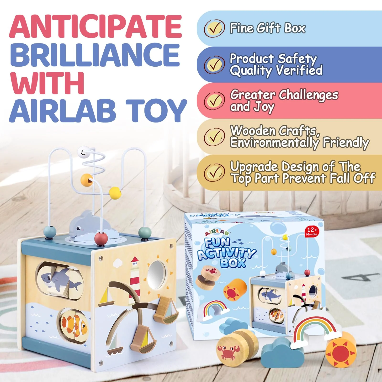Airlab Motorikwürfel ab 1 Jahr, Motorikspielzeug Baby Activity Würfel, Montessori Spielwürfel für Kinder, 6 in 1 Aktivitätswürfel Baby Spielzeug aus Holz, Holzspielzeug Geschenk Mädchen Jungen - Image 3
