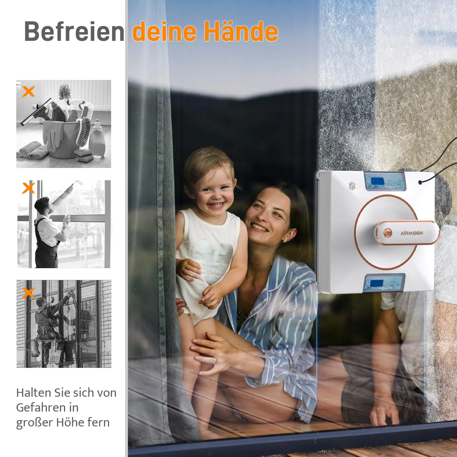 AIRMSEN YW500 Fensterputzroboter, Intelligenter Elektrischer Fensterputzer 3000Pa geeignet zur Glasreinigung, Automatische Wegplanung, Standort Speicher, Kantenerkennung Technologie - Image 4