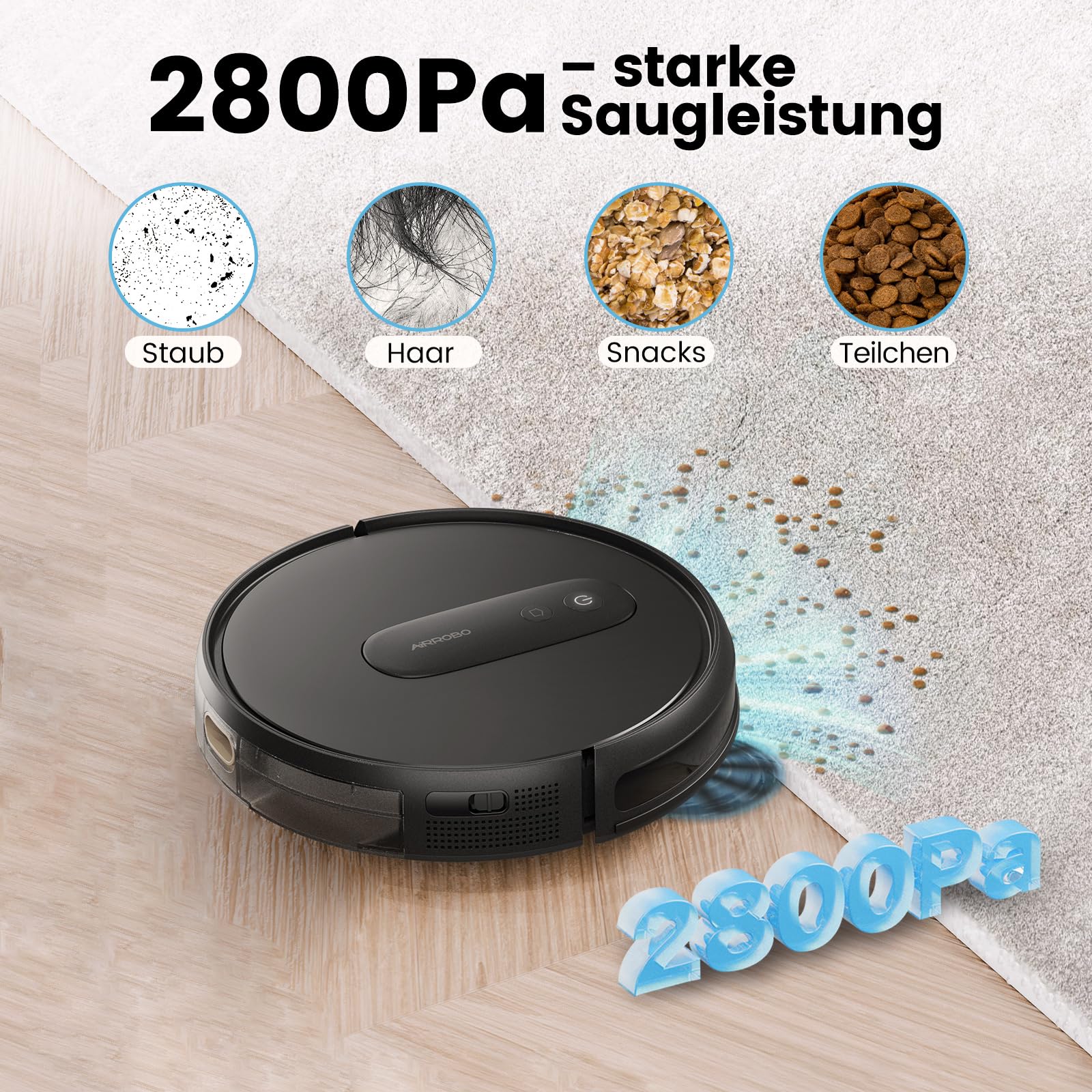 AIRROBO P25 Saugroboter, Staubsauger Roboter 2800 Pa, Schlank und Geräuscharm Roboterstaubsauger für Tierhaare Hartböden Teppich, APP Steuerung, 120Mins Max, Fernbedienung (Schwarz) - Image 7