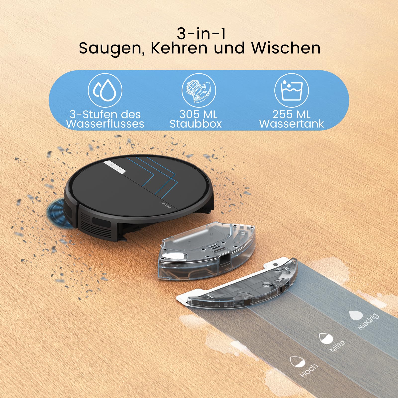 AIRROBO Saugroboter mit Wischfunktion, P30 Staubsauger Roboter, 3000Pa Saugkraft, 3 in 1 Roboterstaubsauger für Tierhaare, Teppich, Hartböden, Wischroboter mit Fernbedienung, 120Min Laufzeit - Image 6