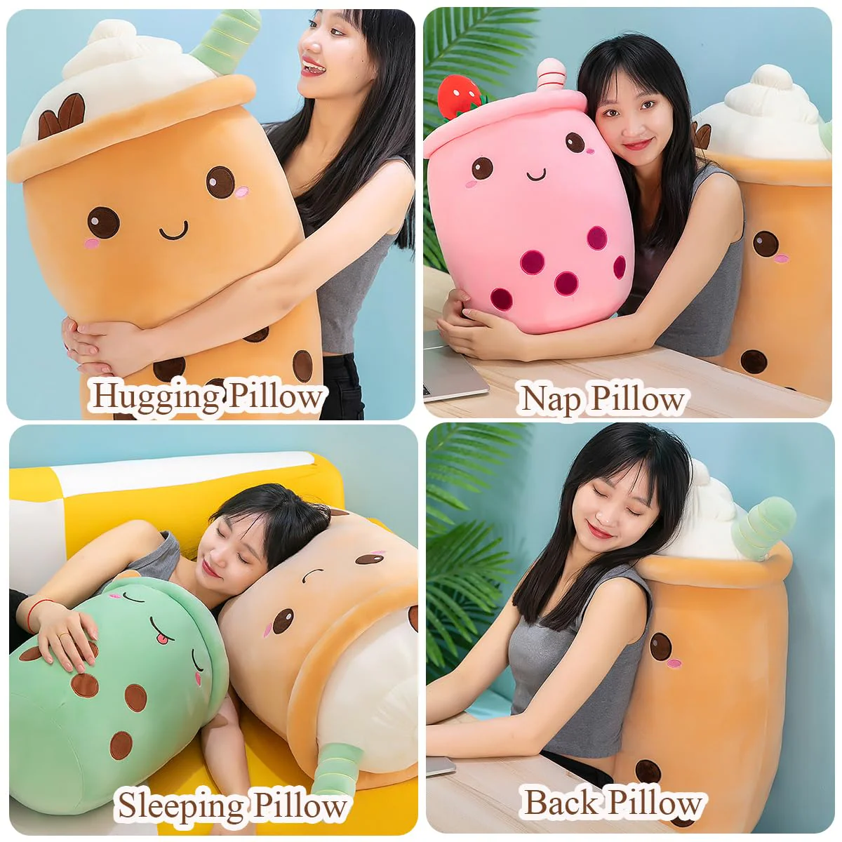 Aiuidun Bubble Tea Kuscheltier,Boba Stofftier Plüschkissen Spielzeug Weiches Umarmungskissen Geschenk für Kinder Mädchen Jungen(Rosa-Runde Augen,35cm) - Image 3