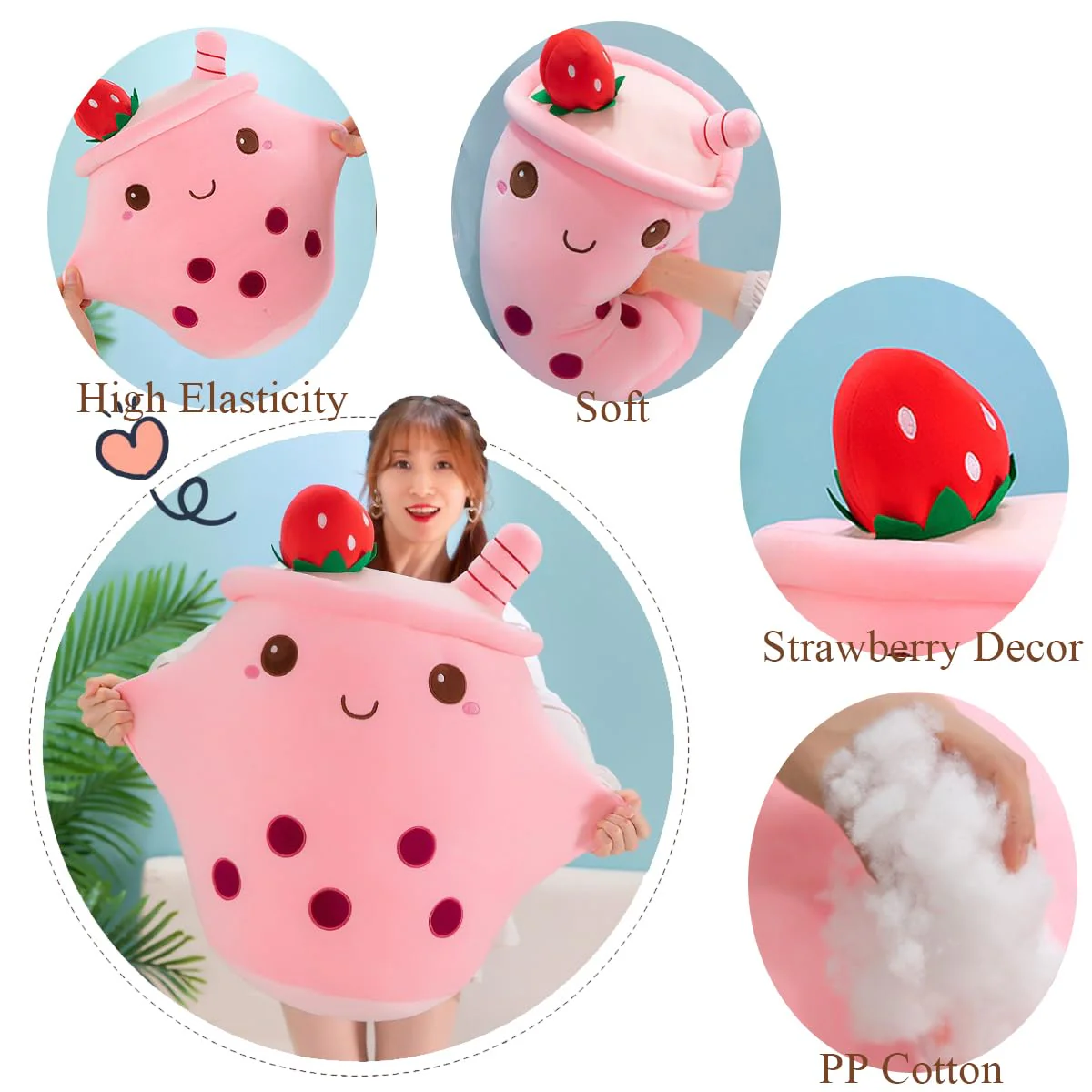 Aiuidun Bubble Tea Kuscheltier,Boba Stofftier Plüschkissen Spielzeug Weiches Umarmungskissen Geschenk für Kinder Mädchen Jungen(Rosa-Runde Augen,35cm) - Image 6