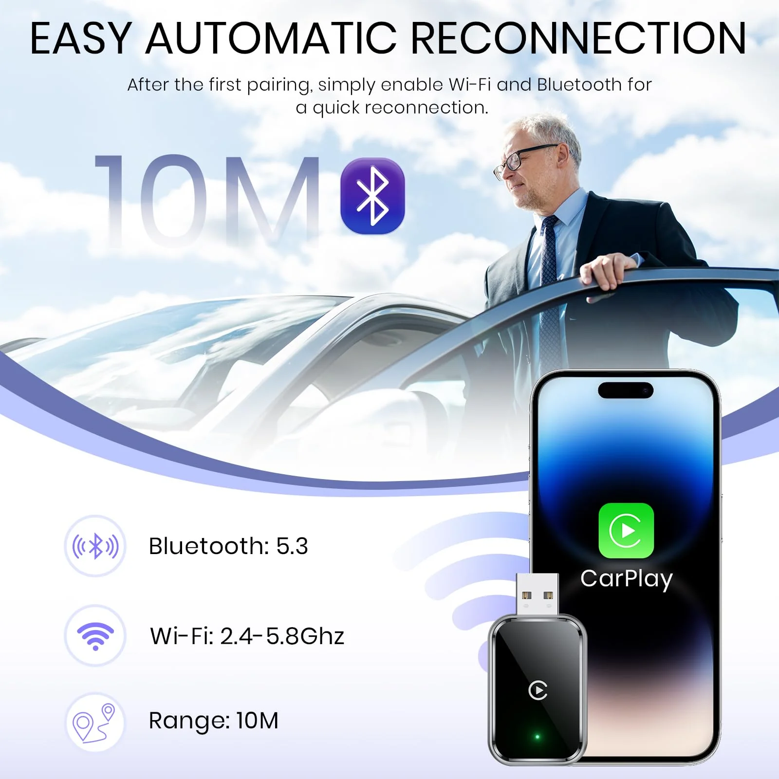 AIZEO Wireless CarPlay Adapter, Superschnelle Upgrade von Wired auf Wireless, Plug und Play, Mini & Stabiler, kompatibel mit iPhone iOS 10+ & Autos mit Wired CarPlay, Black - Image 6