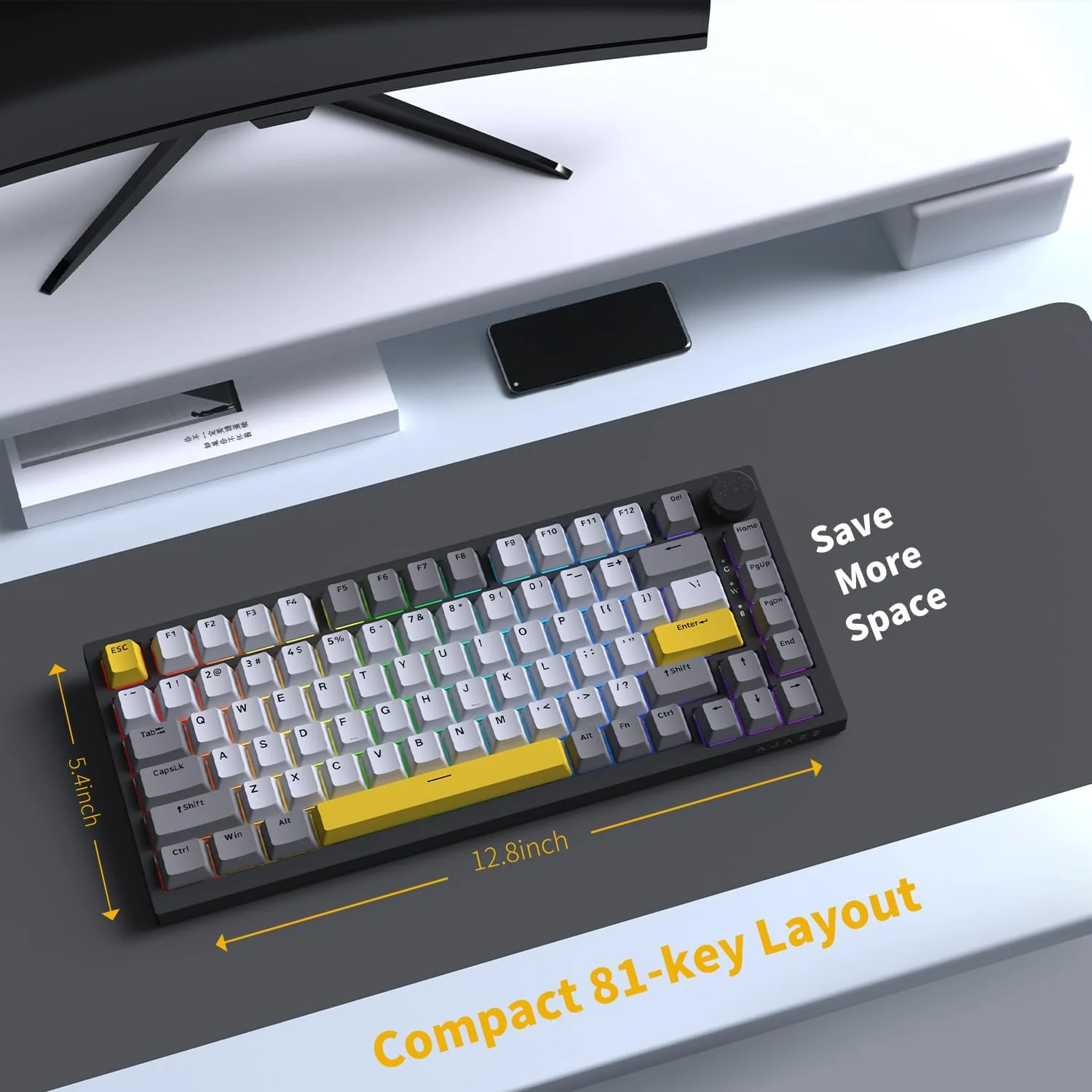 AJAZZ AK820 Kabelgebundene Mechanische Tastatur, Gaming-Tastatur, Südausrichtung RGB|Lautstärkeregler|82 Tasten|PBT-Tastenkappen|Poron Cotton|Hot-Swap-Fähiger, Custom Drivers für Windows MacOS Linux - Image 4