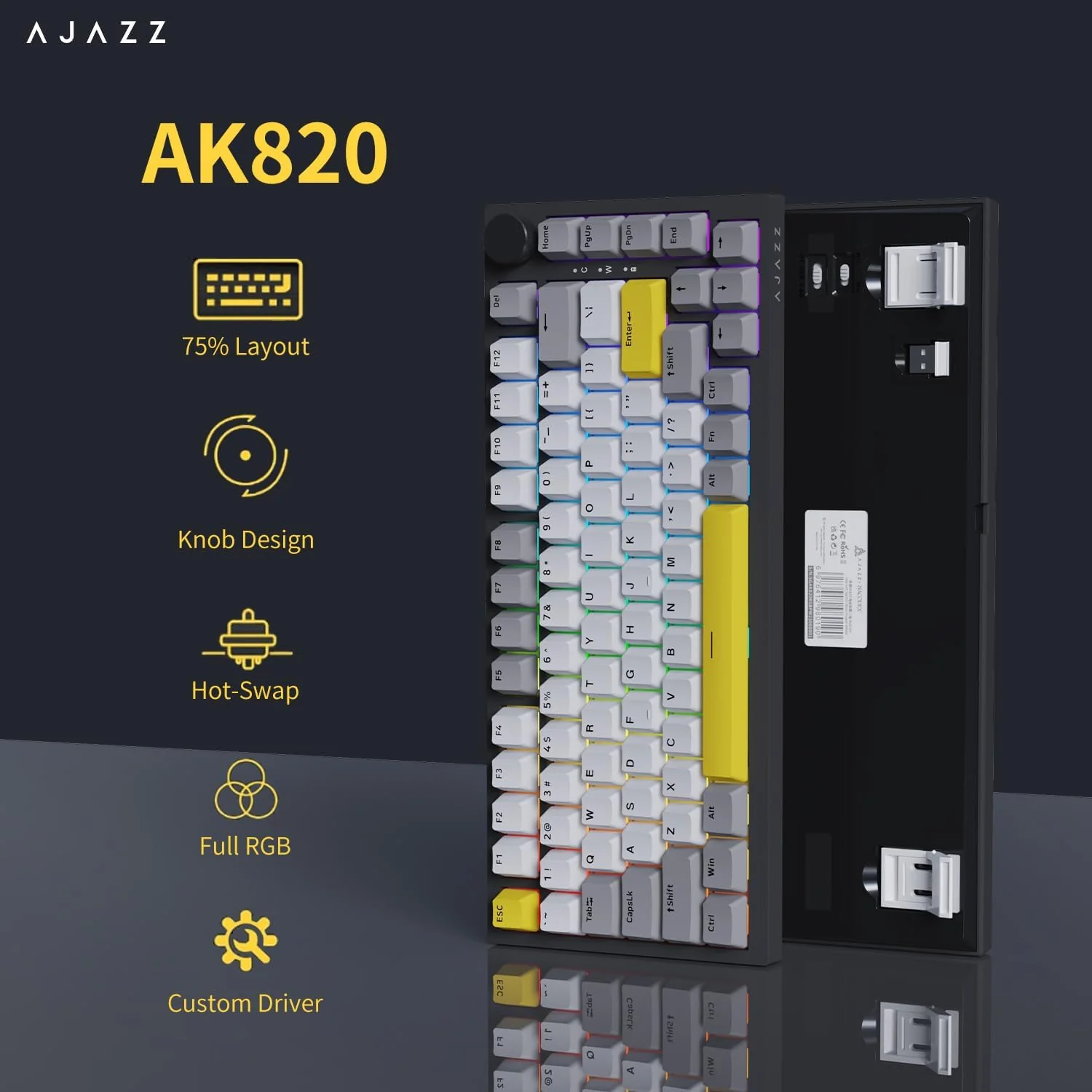 AJAZZ AK820 Kabelgebundene Mechanische Tastatur, Gaming-Tastatur, Südausrichtung RGB|Lautstärkeregler|82 Tasten|PBT-Tastenkappen|Poron Cotton|Hot-Swap-Fähiger, Custom Drivers für Windows MacOS Linux - Image 5