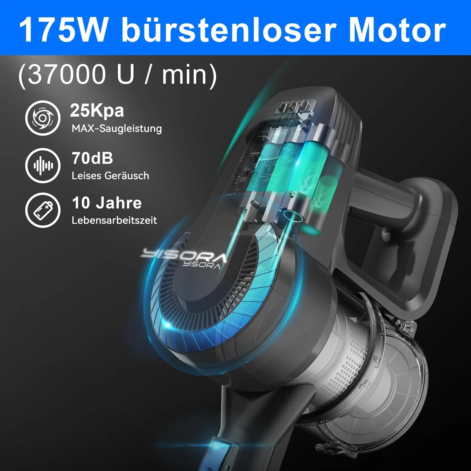 Akku Staubsauger, 25000Pa/175W/50Min Staubsauger Kabellos, Anti-Tangle-Bürste und Selbststehend, Ultraleichter Handstaubsauger akku vacuum cleaner Stielstaubsauger für Teppichen, Hartboden, Tierhaare