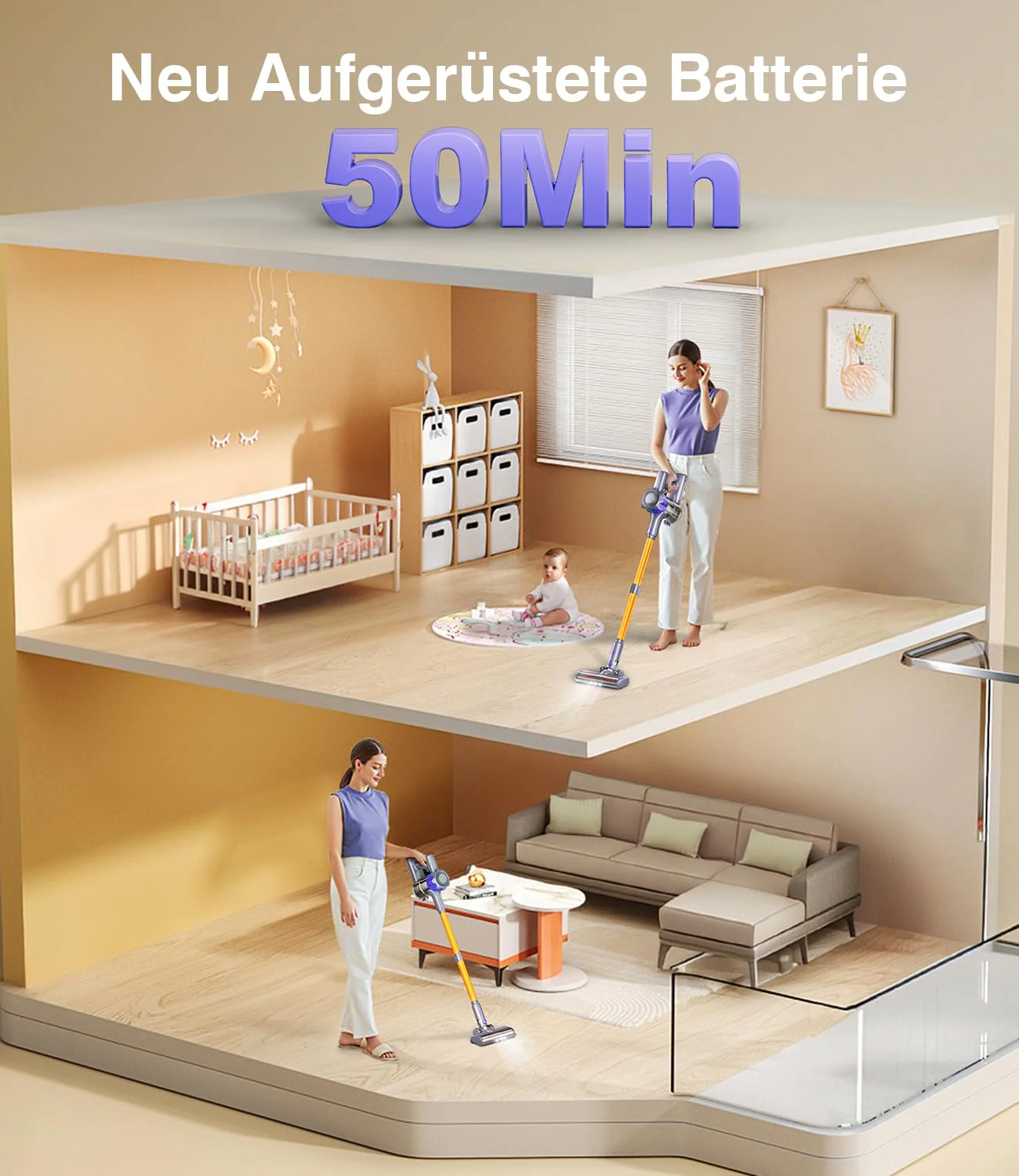Akku Staubsauger, 40000Pa/450W Staubsauger Kabellos mit Smart Display Bis zu 50 Minuten Laufzeit Cordless Vacuum Cleaner mit Automatikmodus&Anti-Verhedderung-Bürste für Teppich Hartboden und Tierhaare - Image 3