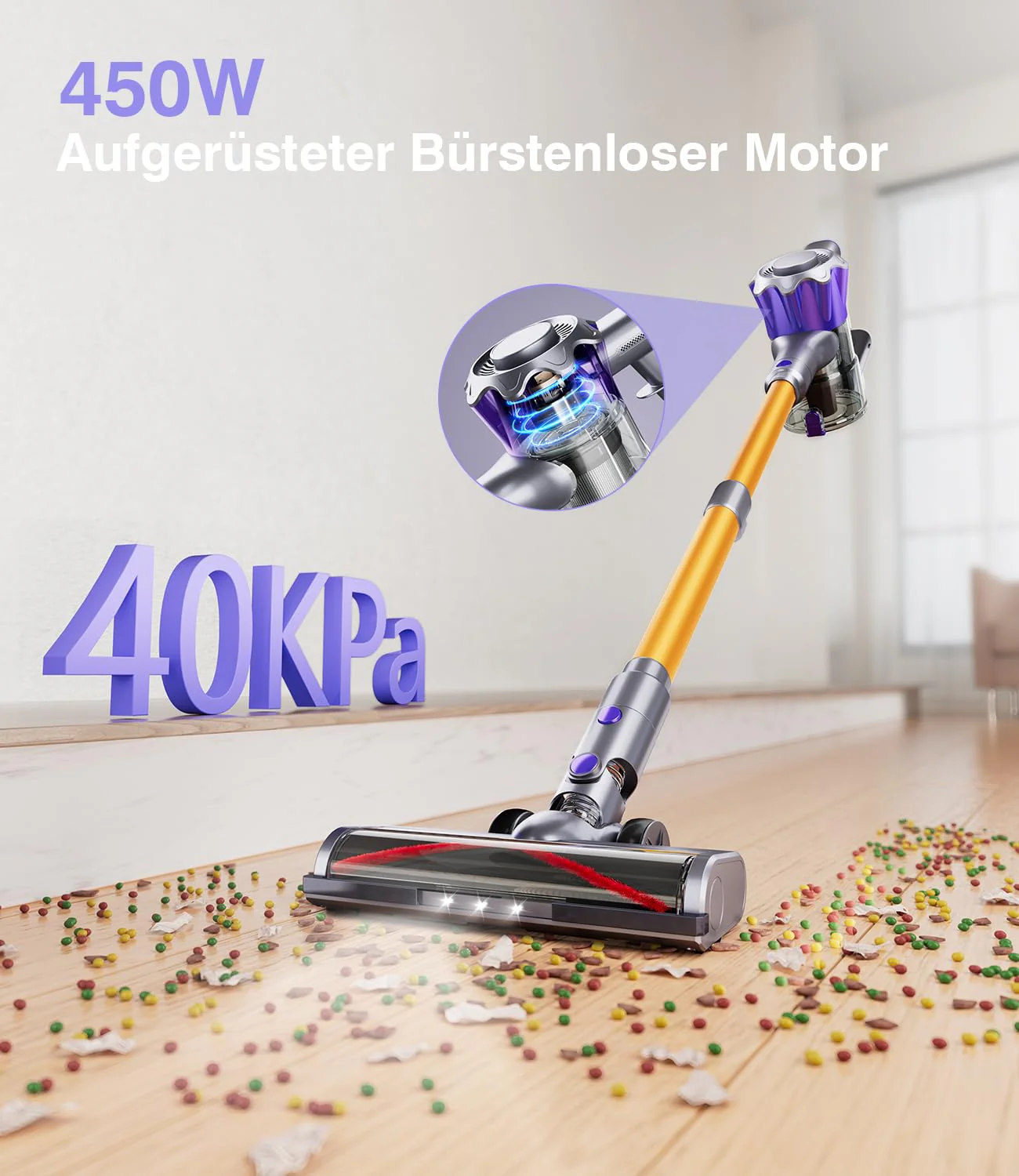 Akku Staubsauger, 40000Pa/450W Staubsauger Kabellos mit Smart Display Bis zu 50 Minuten Laufzeit Cordless Vacuum Cleaner mit Automatikmodus&Anti-Verhedderung-Bürste für Teppich Hartboden und Tierhaare - Image 7