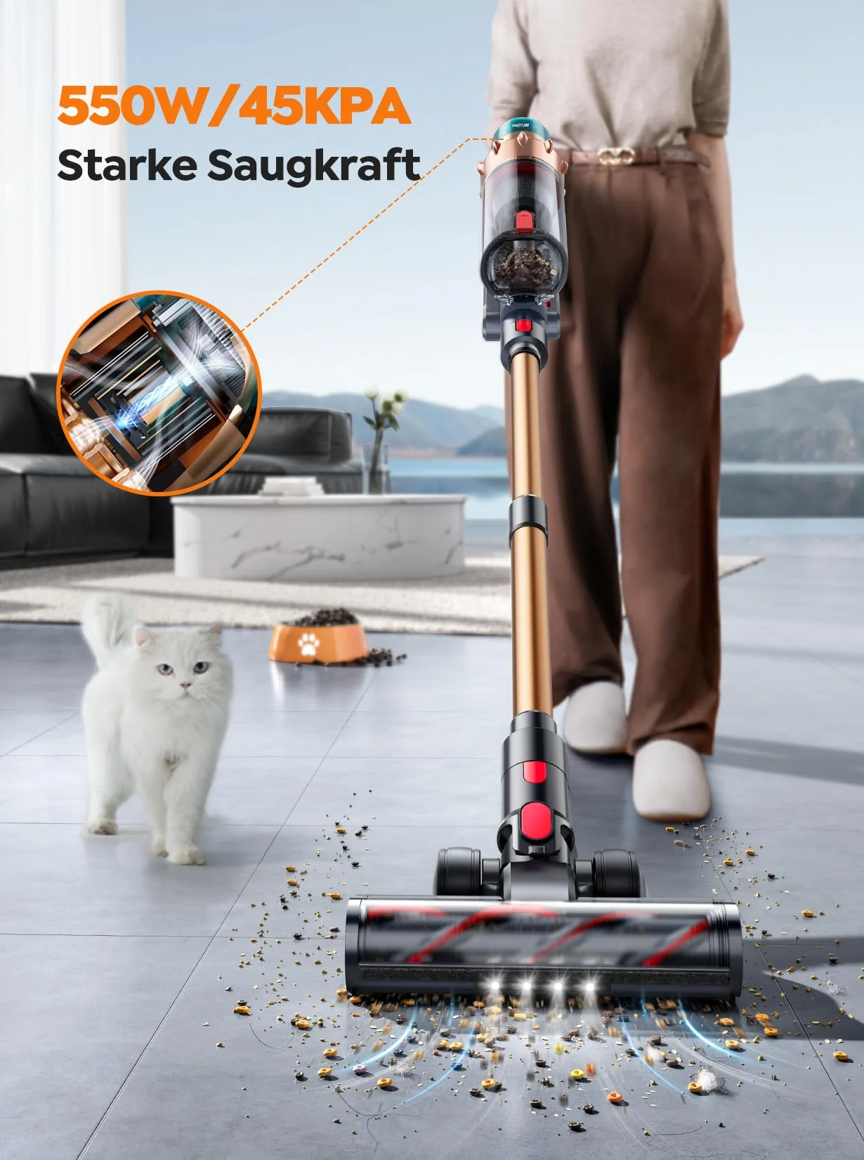 Akku Staubsauger 45000Pa/550W/60Mins, Staubsauger Kabellos Selbststehender und Selbstladender, 4-in-1 Kabelloser Staubsauger mit Automatikmodus & Anti-Verhedderung für Tierhaare, Teppich, Hartboden - Image 8