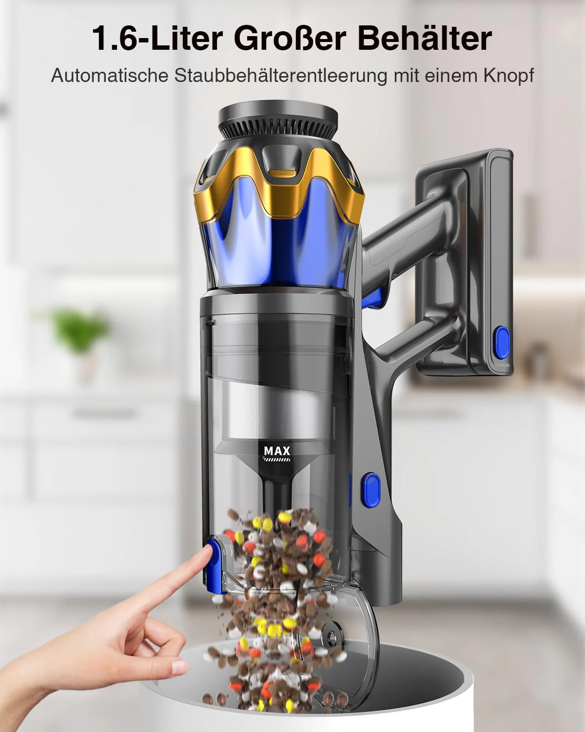 Akku Staubsauger 45000Pa/550W/65Min, 1,6L Staubsauger Kabellos mit Display, Anti-Tangle-Bürste, Selbststehend, Wandladestation, 8-Schicht-Filtration, Ultraleise, für Tierhaare/Teppiche/Hartböden/Auto - Image 7