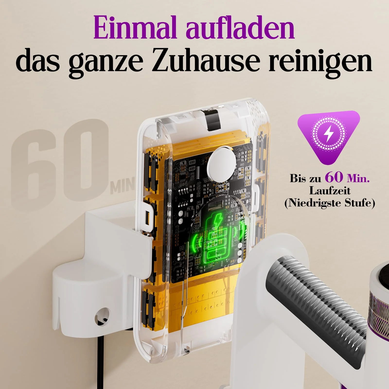 Akku Staubsauger 45000Pa, 60Min, nur 1,75 kg, 6-in-1 Staubsauger Kabellos mit Touchscreen, LED-Leuchten, Anti-Tangle-Bürste & Ladestation, 7-Schicht-Filtration für Tierhaare, Teppiche, Hartböden, Auto - Image 4