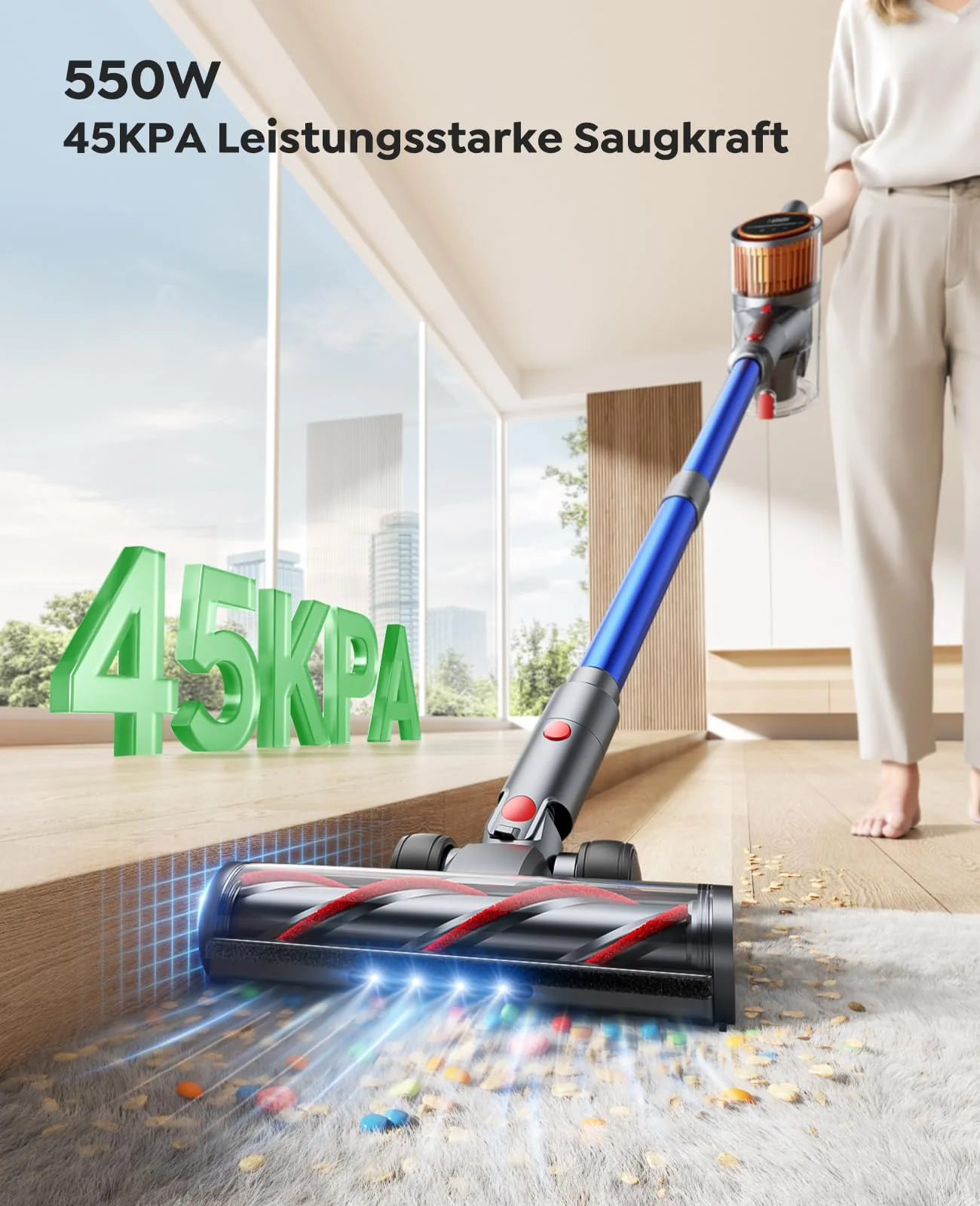 Akku Staubsauger Kabellos 550W/45000Pa/60min Laufzeit, kabelloser staubsauger mit Ladestation, Leichter Freistehend Akkustaubsauger, Super Leise Akkusauger für Hartböden Teppiche Tierhaare - Image 2