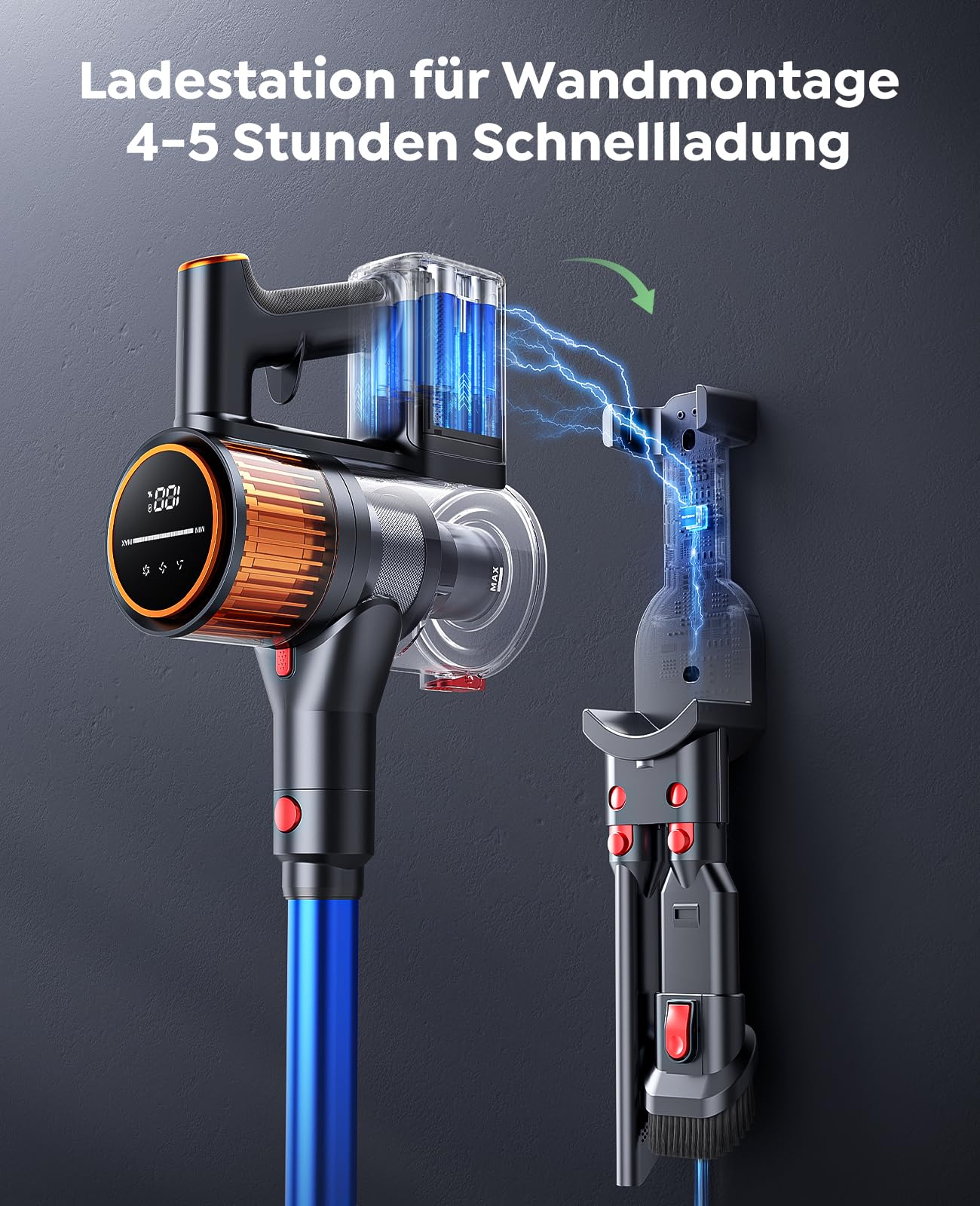 Akku Staubsauger Kabellos 550W/45000Pa/60min Laufzeit, kabelloser staubsauger mit Ladestation, Leichter Freistehend Akkustaubsauger, Super Leise Akkusauger für Hartböden Teppiche Tierhaare - Image 4