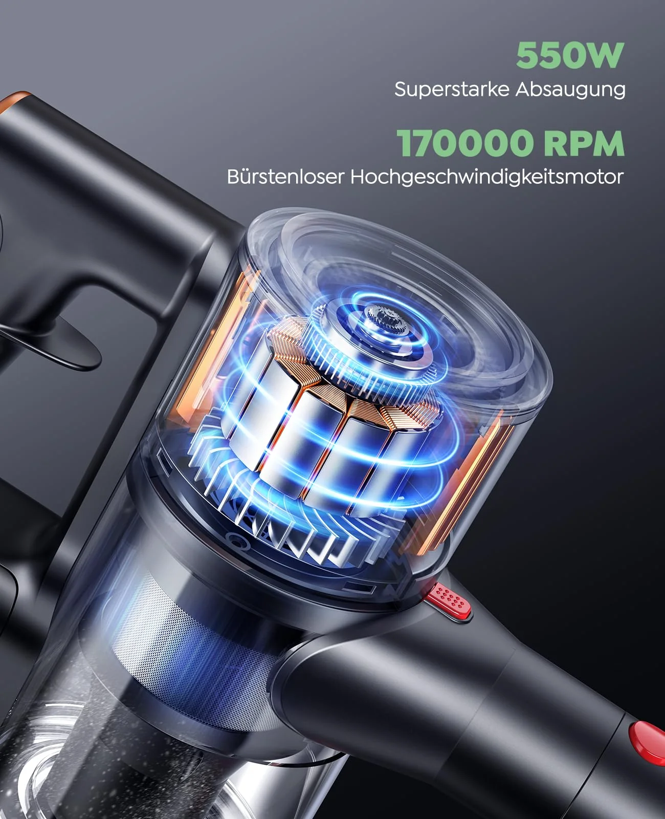 Akku Staubsauger Kabellos 550W/45000Pa/60min Laufzeit, kabelloser staubsauger mit Ladestation, Leichter Freistehend Akkustaubsauger, Super Leise Akkusauger für Hartböden Teppiche Tierhaare - Image 5