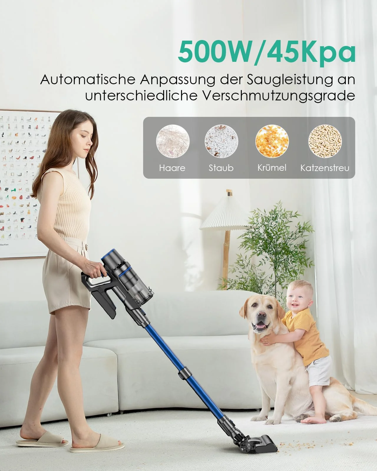 Akku Staubsauger mit Wischfunktion, 550W/45000Pa/60 Min Staubsauger kabellos, Mit bürstenlosem Motor, Mit selbsttragender Funktion und intelligentem Touchscreen, Für Hartböden Teppich Tierhaare - Image 4