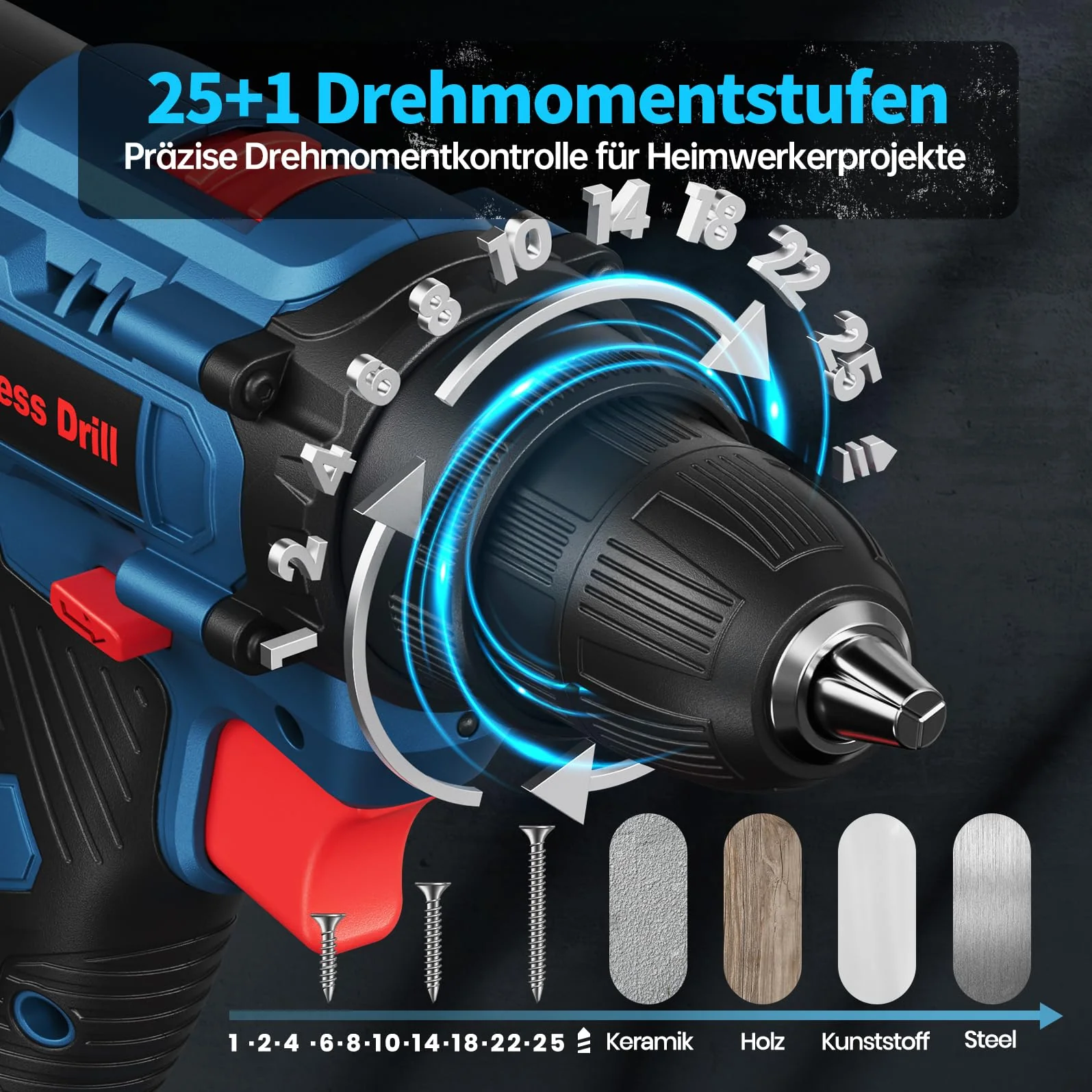Akkuschrauber, 20V Akku Bohrschrauber Set mit 2 Akkus und 87 Zubehöre, Werkzeugkoffer, Akkubohrer 42Nm Max Drehmoment, 25+1 Drehmomentstufen, 2-Gang, 10mm Bohrfutter, Akku Bohrmaschine für Haus DIY - Image 5
