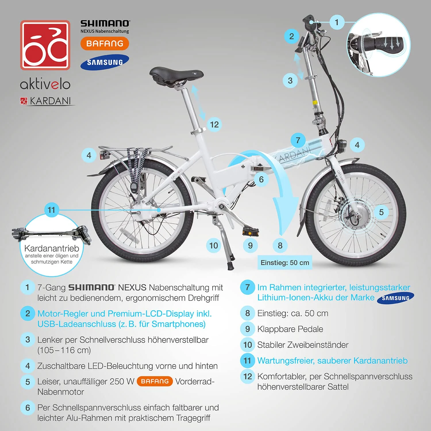 aktivelo E-Faltrad mit Kardanantrieb, klappbar Fahrrad, E-Bike, Akku 8,7 Ah mit 9 Motorunterstützungsstufen, LCD-Display & Alurahmen, inkl. Transporttasche Weiß - Image 2