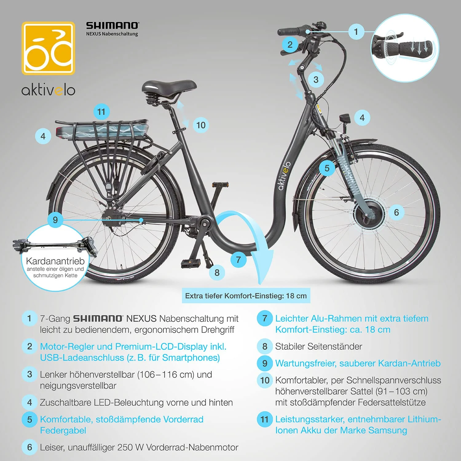 aktivelo Elektrofahrrad, Alu Tiefeinsteiger City E-Bike 26 Zoll, Shimano 7 Gang Nexus Nabenschaltung, Abnehmbar 36V 14,5Ah 522Wh Akku, 25 km/h bis 110 km, für Damen und Herren