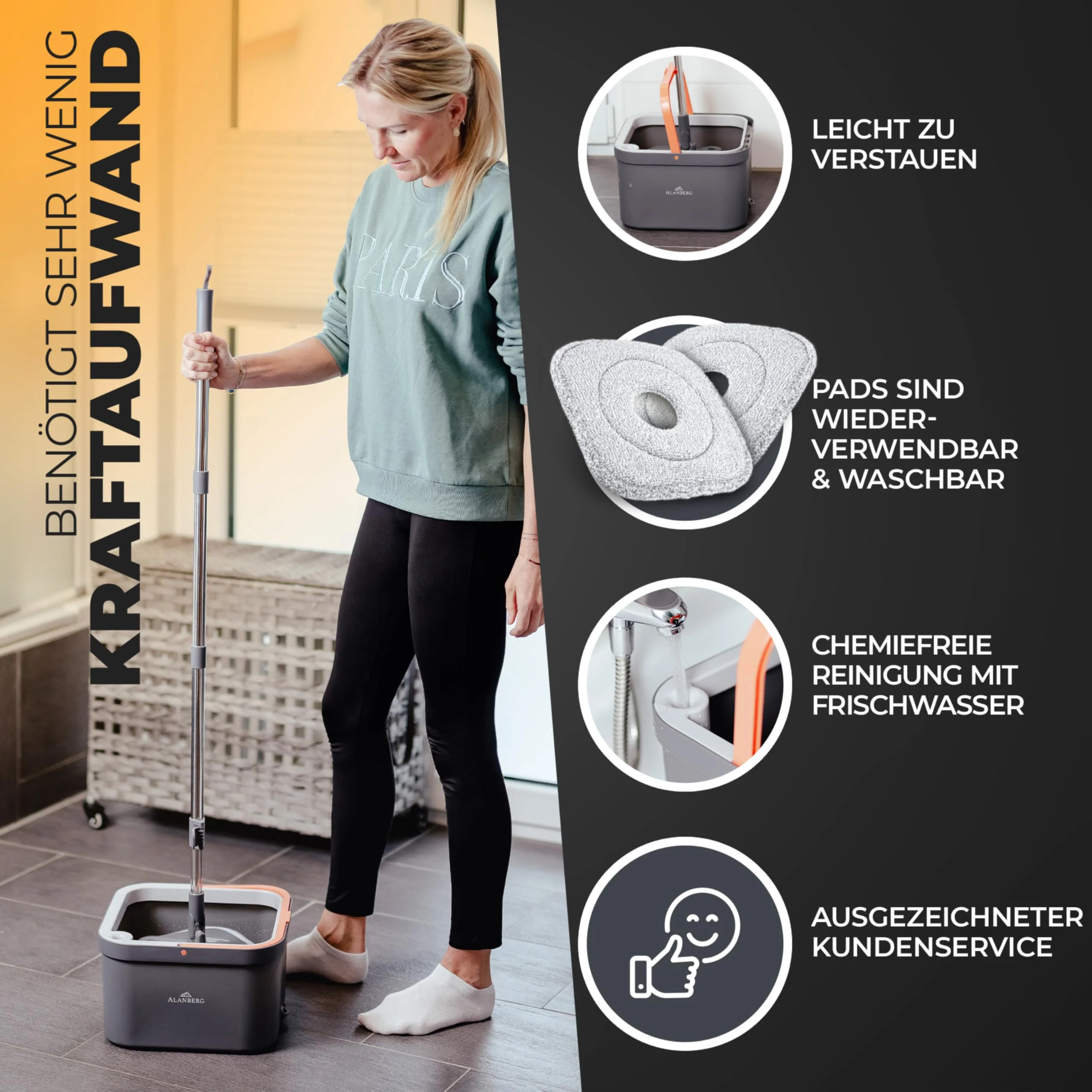 ALANBERG® Wischmopp Set mit Eimer – 2-Kammer-System für Schmutz- & Frischwassertrennung – Selbstauswringend, Mikrofaser Wischpads – Bodenwischer für alle Böden, Grau - Image 4