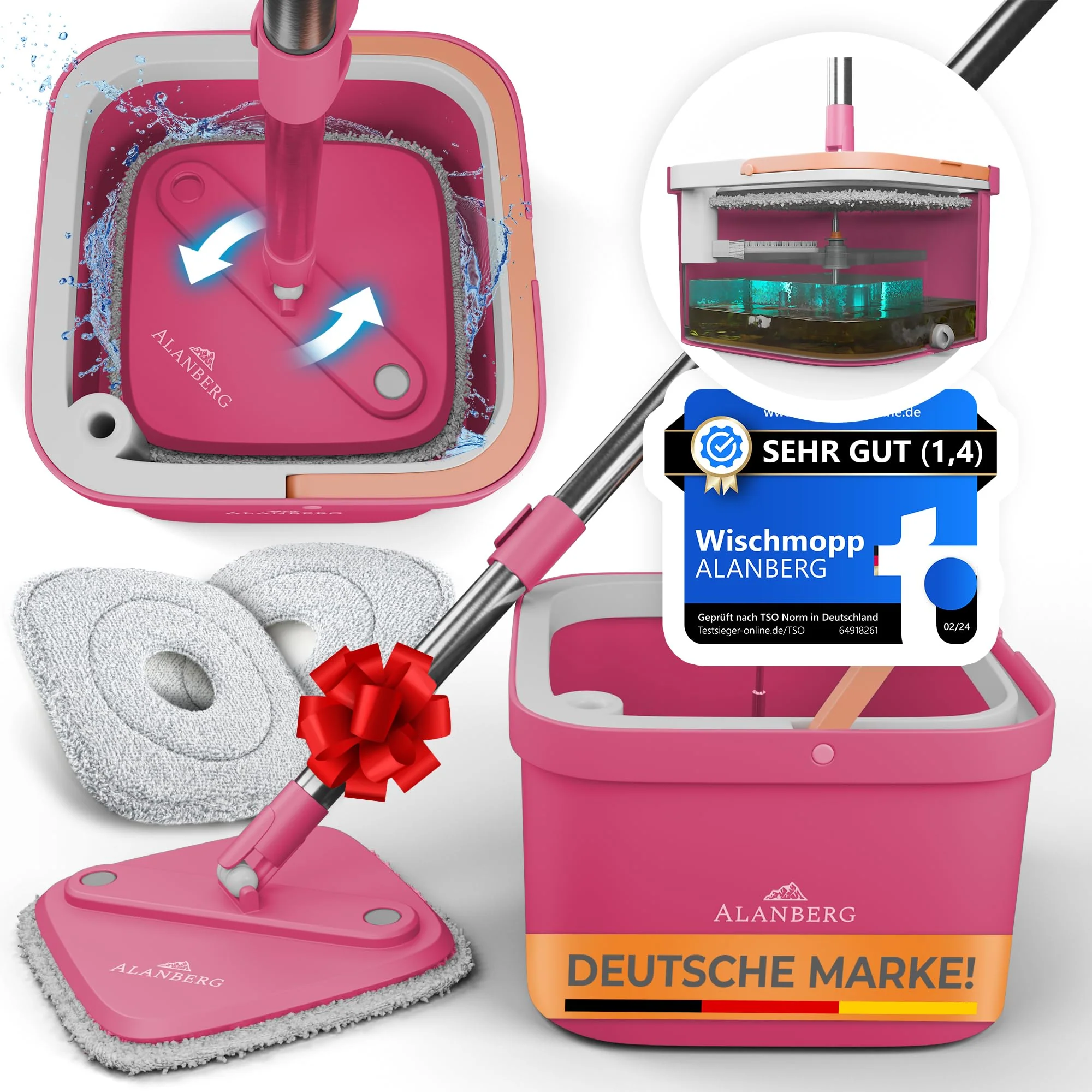 ALANBERG® Wischmopp Set mit Eimer – 2-Kammer-System für Schmutz- & Frischwassertrennung – Selbstauswringend, Mikrofaser Wischpads – Bodenwischer für alle Böden, Rosa - Image 2