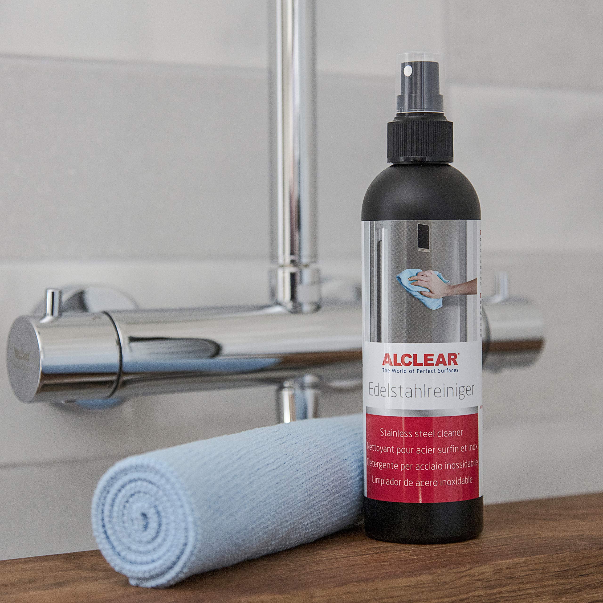ALCLEAR 721ER Profi Edelstahlreiniger 250 ml mit Profi Mikrofasertuch, reinigt Edelstahl streifenfrei, gegen Schmutz, Fingerabdrücke und Fett - Image 2