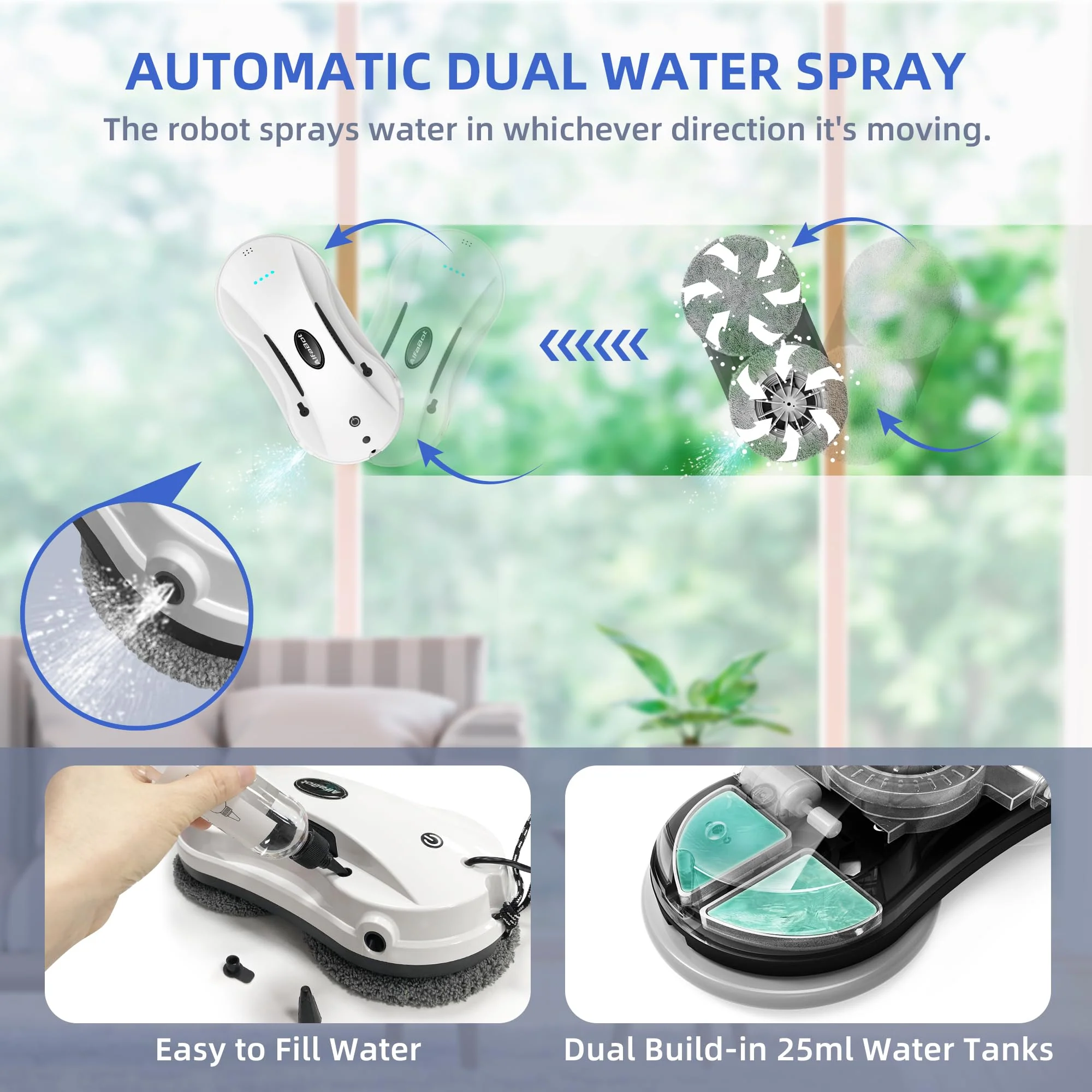 AlfaBot X7 Fensterputzroboter, Elektrischer Fensterreiniger-Roboter, Glasreinigungsroboter mit Wassertank zum Waschen Aller glatten Oberflächen, Fernbedienung, Automatisches Sprühgerät Zwei-Wege - Image 3