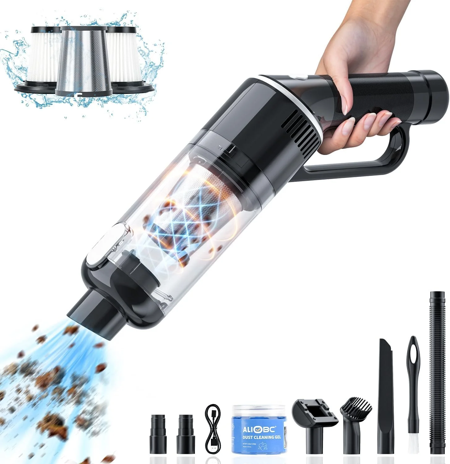 ALIOBC Handstaubsauger, 9000Pa Kabellose Autostaubsauger, Kleinen Staubsauger, Wiederaufladbarer Handstaubsauger Akku für Tierhaare, Auto, Zuhause, Büro, mit Reinigungsgel und Bürste - Image 2