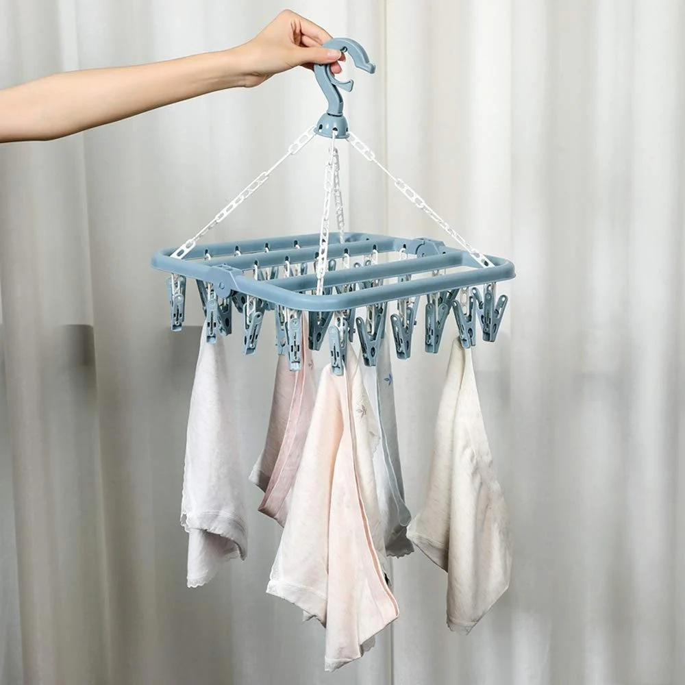 alladaga Faltbarer Wäscheständer with 32 Clips Drehhaken Winddicht Kleiderbügel für Socken Unterwäsche Handtücher - Image 7
