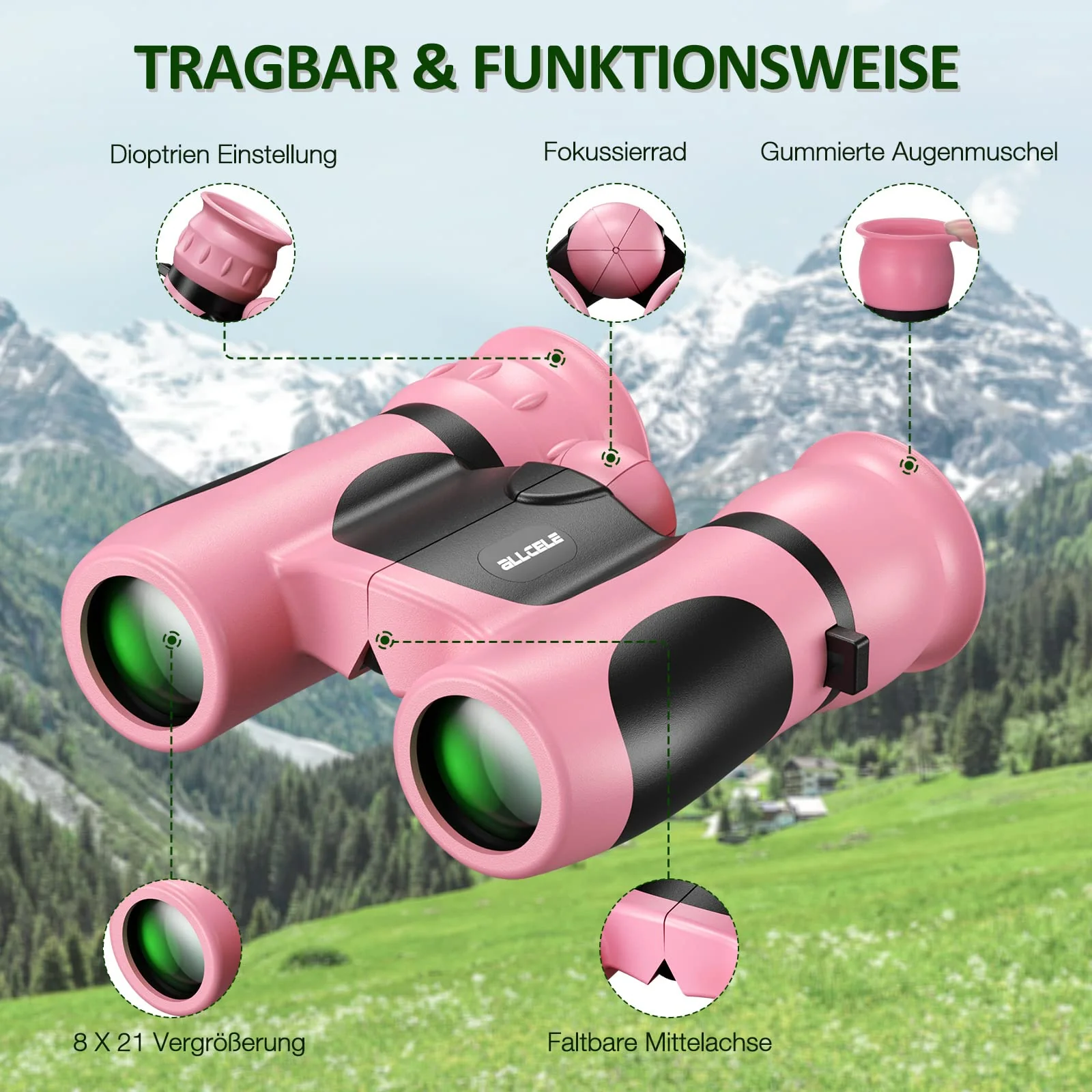 ALLCELE Fernglas für Kinder, Kinderfernglas mit starker Vergrößerung 8 x 21, Outdoor Exploration Ferngläser Spielzeug für Junge Mädchen ab 3-12 Jahre. - Image 6