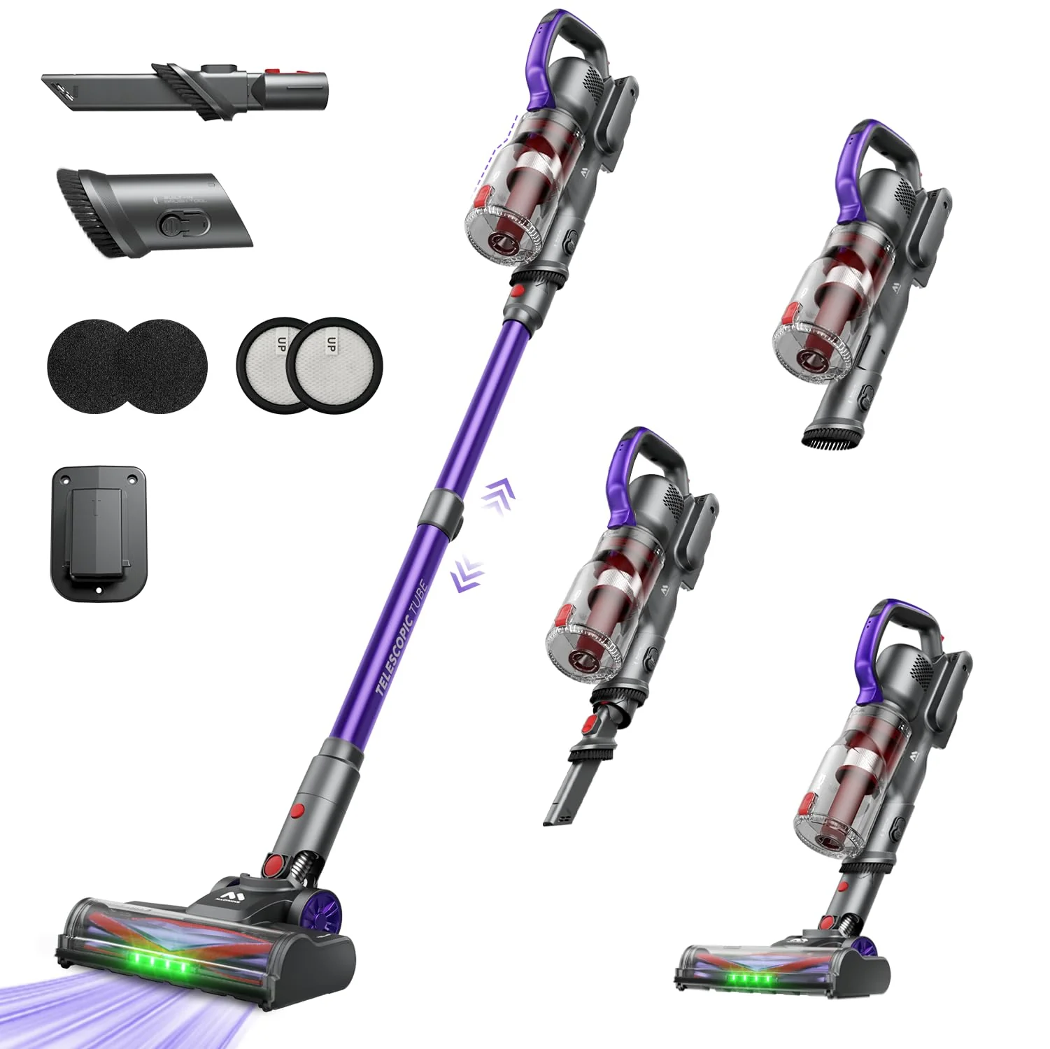 AlloyMove Akku Staubsauger Kabellos 45000Pa/450W/60Min, Leichter Staubsauger mit V-Anti-Tangle-Bürste mit LED-Licht, 65dB Ultra Leise, Selbststehend für Tierhaare Teppiche Hartböden A03