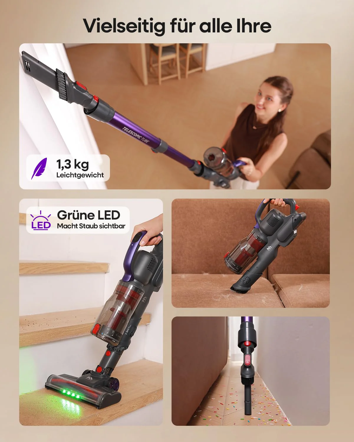 AlloyMove Akku Staubsauger Kabellos 45000Pa/450W/60Min, Leichter Staubsauger mit V-Anti-Tangle-Bürste mit LED-Licht, 65dB Ultra Leise, Selbststehend für Tierhaare Teppiche Hartböden A03 - Image 3