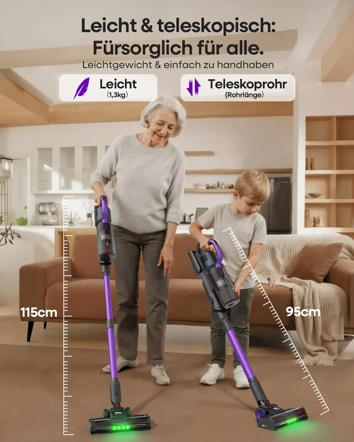 AlloyMove Akku Staubsauger Kabellos 45000Pa/450W/60Min, Leichter Staubsauger mit V-Anti-Tangle-Bürste mit LED-Licht, 65dB Ultra Leise, Selbststehend für Tierhaare Teppiche Hartböden A03 - Image 4