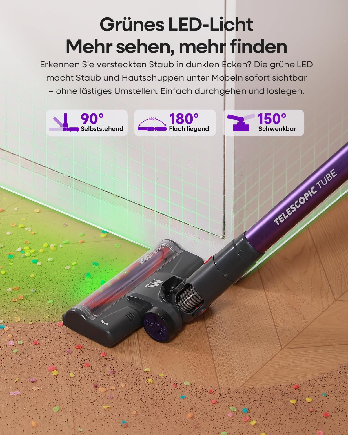 AlloyMove Akku Staubsauger Kabellos 45000Pa/450W/60Min, Leichter Staubsauger mit V-Anti-Tangle-Bürste mit LED-Licht, 65dB Ultra Leise, Selbststehend für Tierhaare Teppiche Hartböden A03 - Image 5