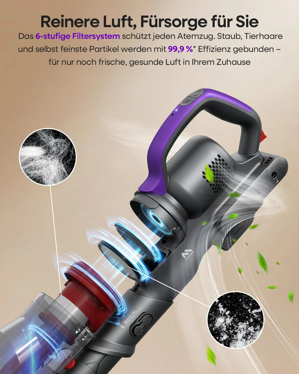 AlloyMove Akku Staubsauger Kabellos 45000Pa/450W/60Min, Leichter Staubsauger mit V-Anti-Tangle-Bürste mit LED-Licht, 65dB Ultra Leise, Selbststehend für Tierhaare Teppiche Hartböden A03 - Image 6
