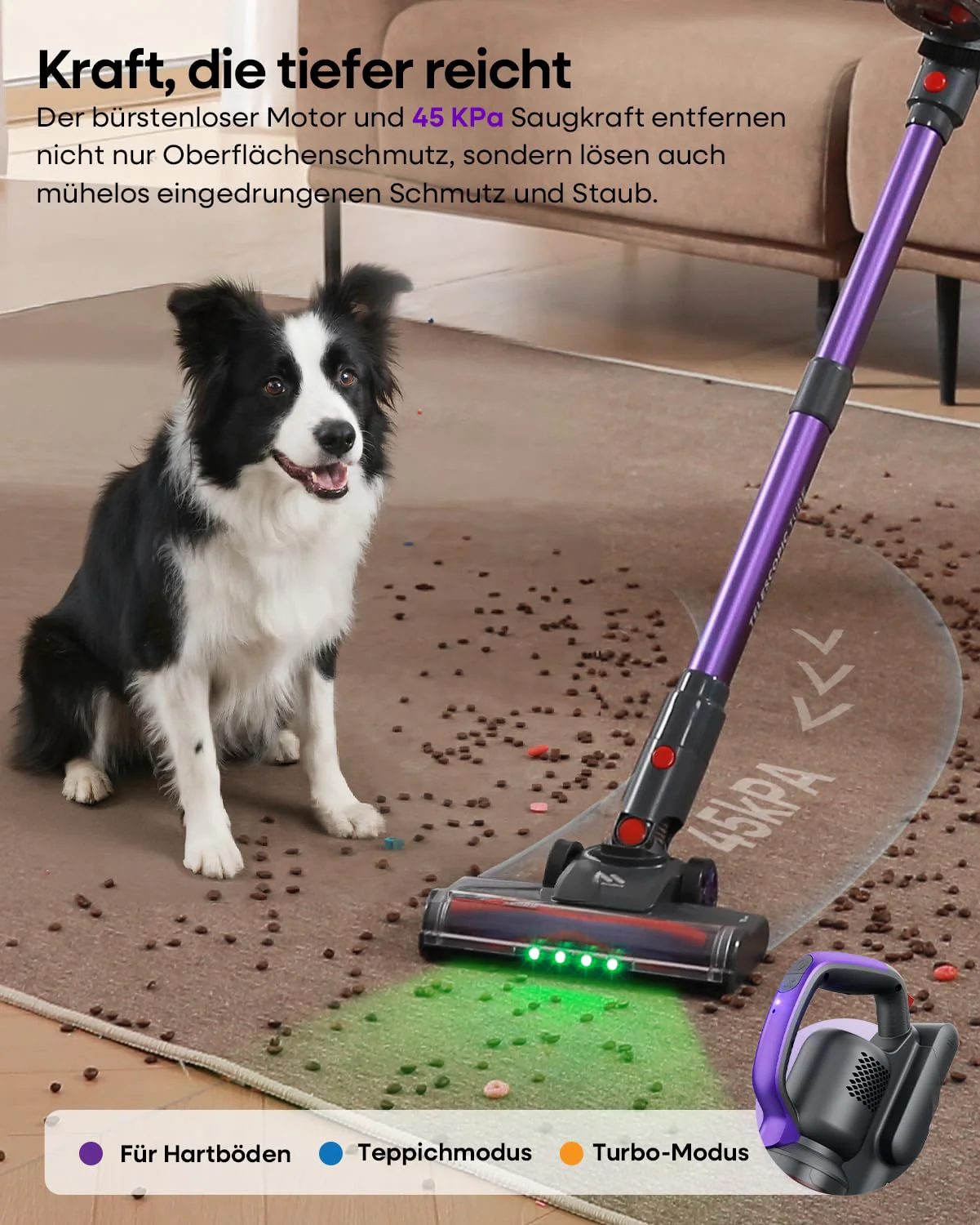 AlloyMove Akku Staubsauger Kabellos 45000Pa/450W/60Min, Leichter Staubsauger mit V-Anti-Tangle-Bürste mit LED-Licht, 65dB Ultra Leise, Selbststehend für Tierhaare Teppiche Hartböden A03 - Image 9