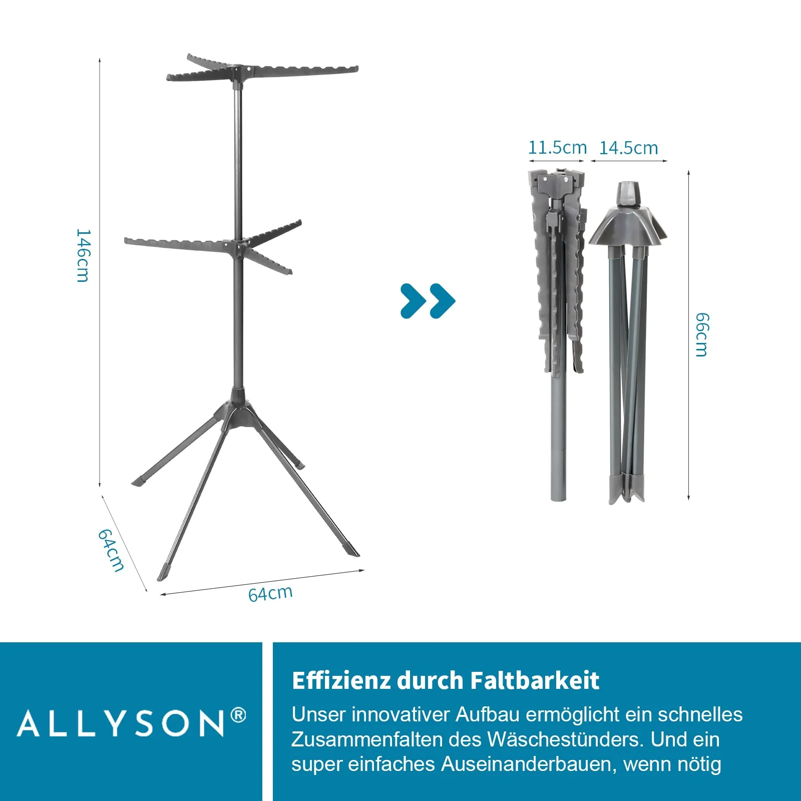 Allyson Wäscheturm - Wäscheständer Ausziehbar für stabiles, rutschfestes und platzsparendes Wäschetrocknen - (65cm x 71cm x 136cm) Platzsparender Wäschetrockner für Innen & Außen