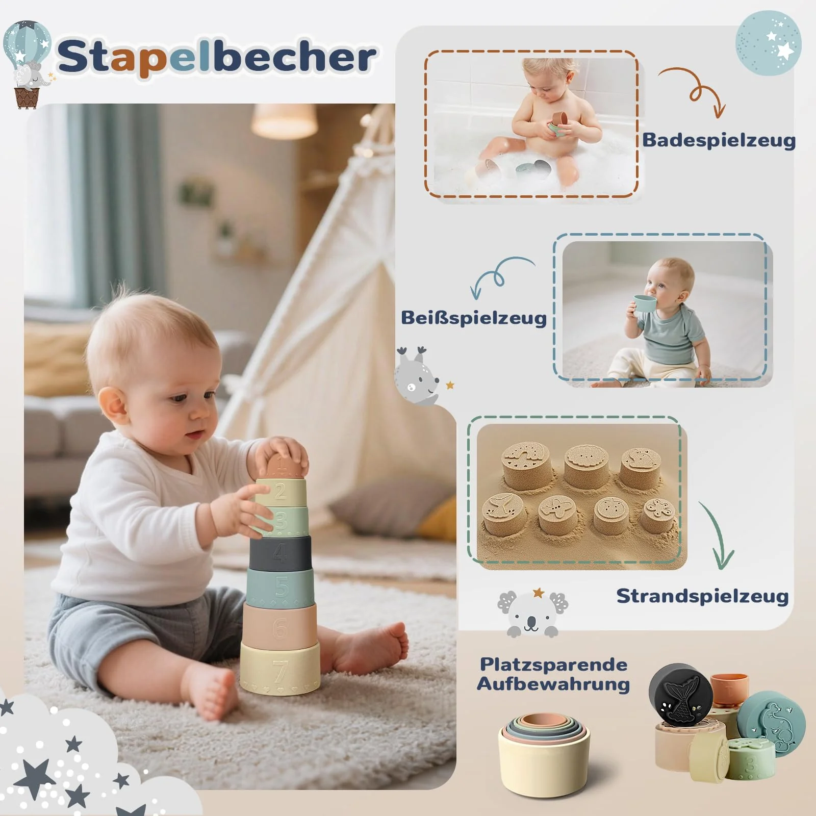 Almaxi Baby Spielzeug ab 6 Monate,5 in 1 Montessori Spielzeug Baby,Motorikspielzeug mit Formensortier- und Stapelspielzeug,Xylophon,Silikon Zugschnur Spielzeug,Stapelbecher,Geschenk Junge Mädchen - Image 5