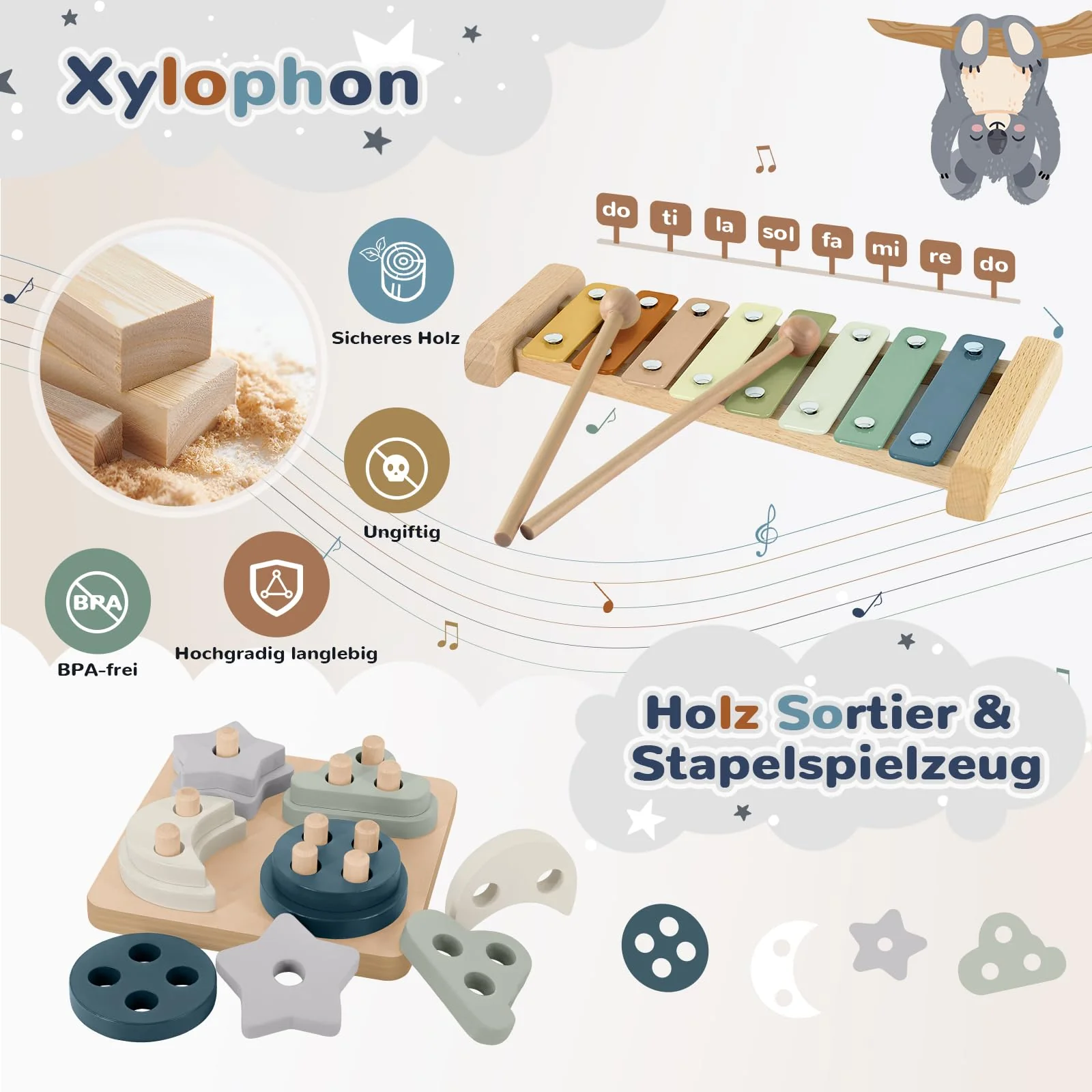 Almaxi Baby Spielzeug ab 6 Monate,5 in 1 Montessori Spielzeug Baby,Motorikspielzeug mit Formensortier- und Stapelspielzeug,Xylophon,Silikon Zugschnur Spielzeug,Stapelbecher,Geschenk Junge Mädchen - Image 6