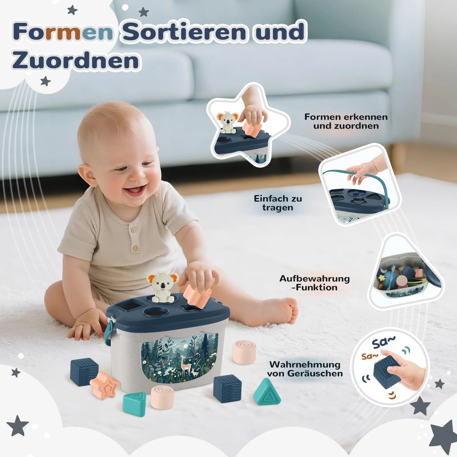 Almaxi Baby Spielzeug ab 6 Monate,5 in 1 Montessori Spielzeug Baby,Motorikspielzeug mit Formensortier- und Stapelspielzeug,Xylophon,Silikon Zugschnur Spielzeug,Stapelbecher,Geschenk Junge Mädchen - Image 7